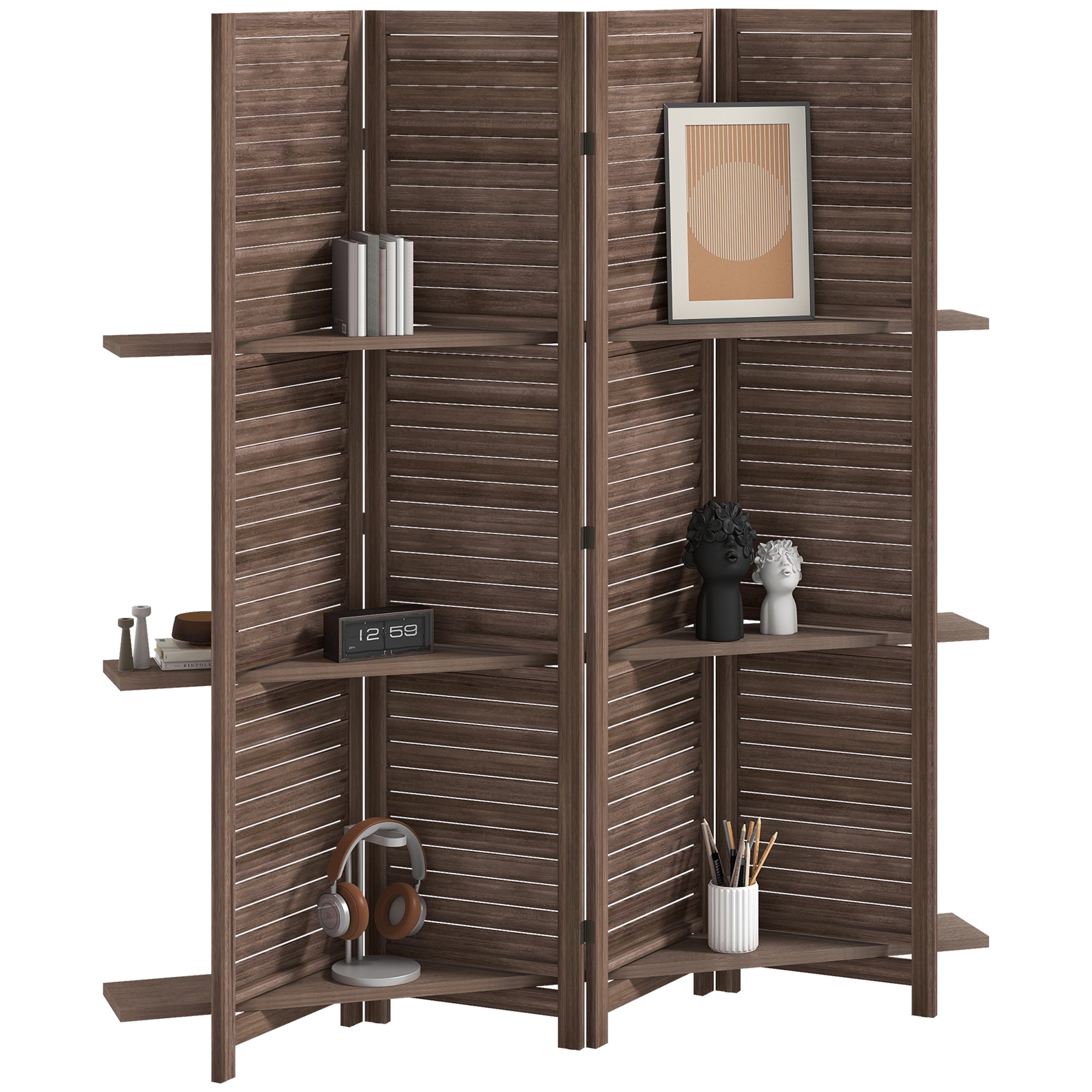 Paravent intérieur en bois 4 panneaux 160 x 170 cm, séparateur de pièce pliable avec 3 étagères, cloison de séparation pour salon, chambre à coucher, maison, noyer