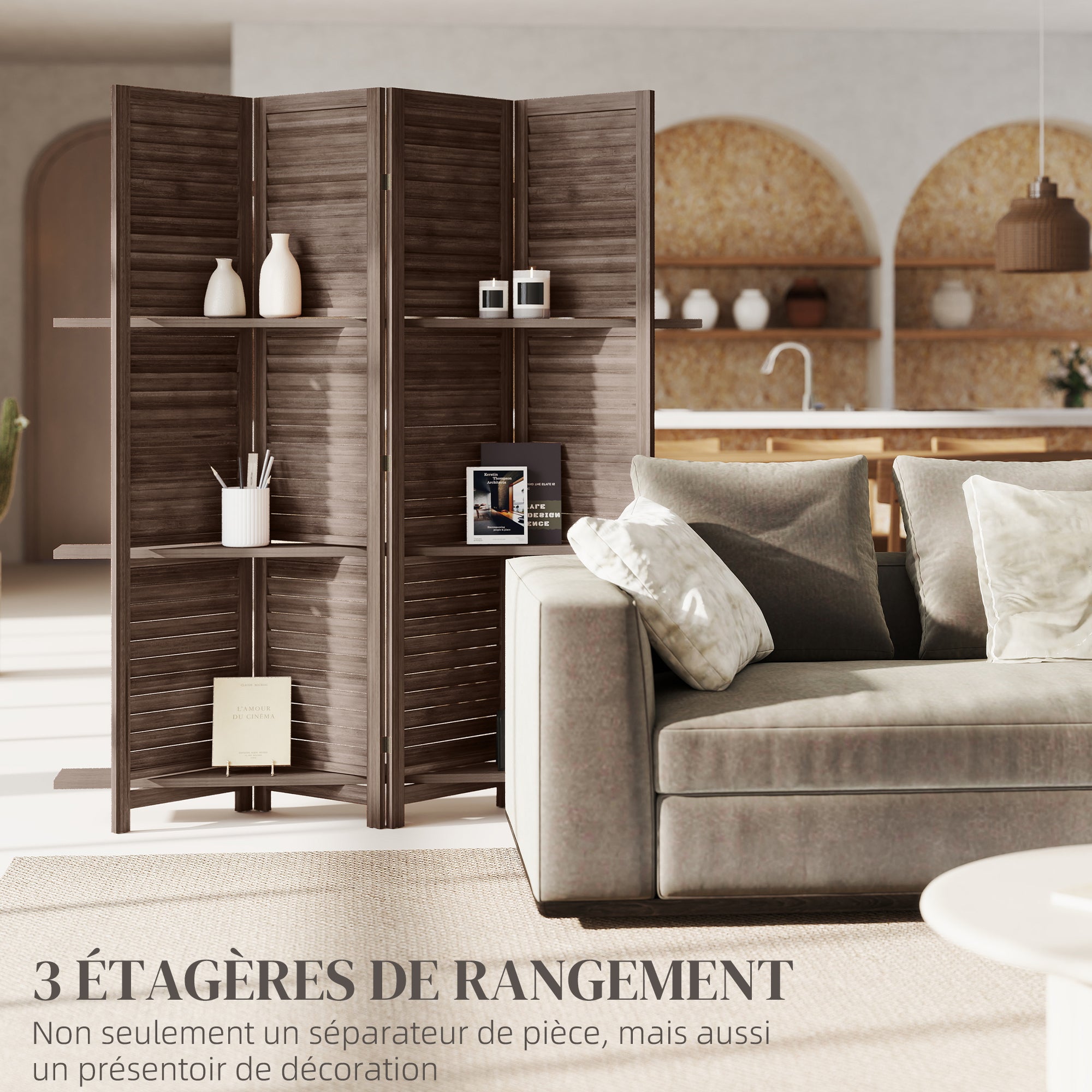 Paravent intérieur en bois 4 panneaux 160 x 170 cm, séparateur de pièce pliable avec 3 étagères, cloison de séparation pour salon, chambre à coucher, maison, noyer