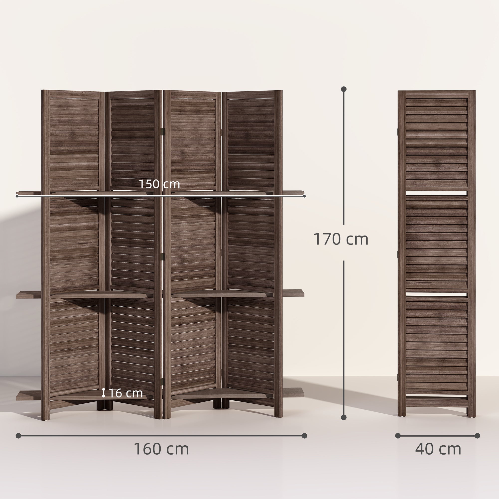 Paravent intérieur en bois 4 panneaux 160 x 170 cm, séparateur de pièce pliable avec 3 étagères, cloison de séparation pour salon, chambre à coucher, maison, noyer