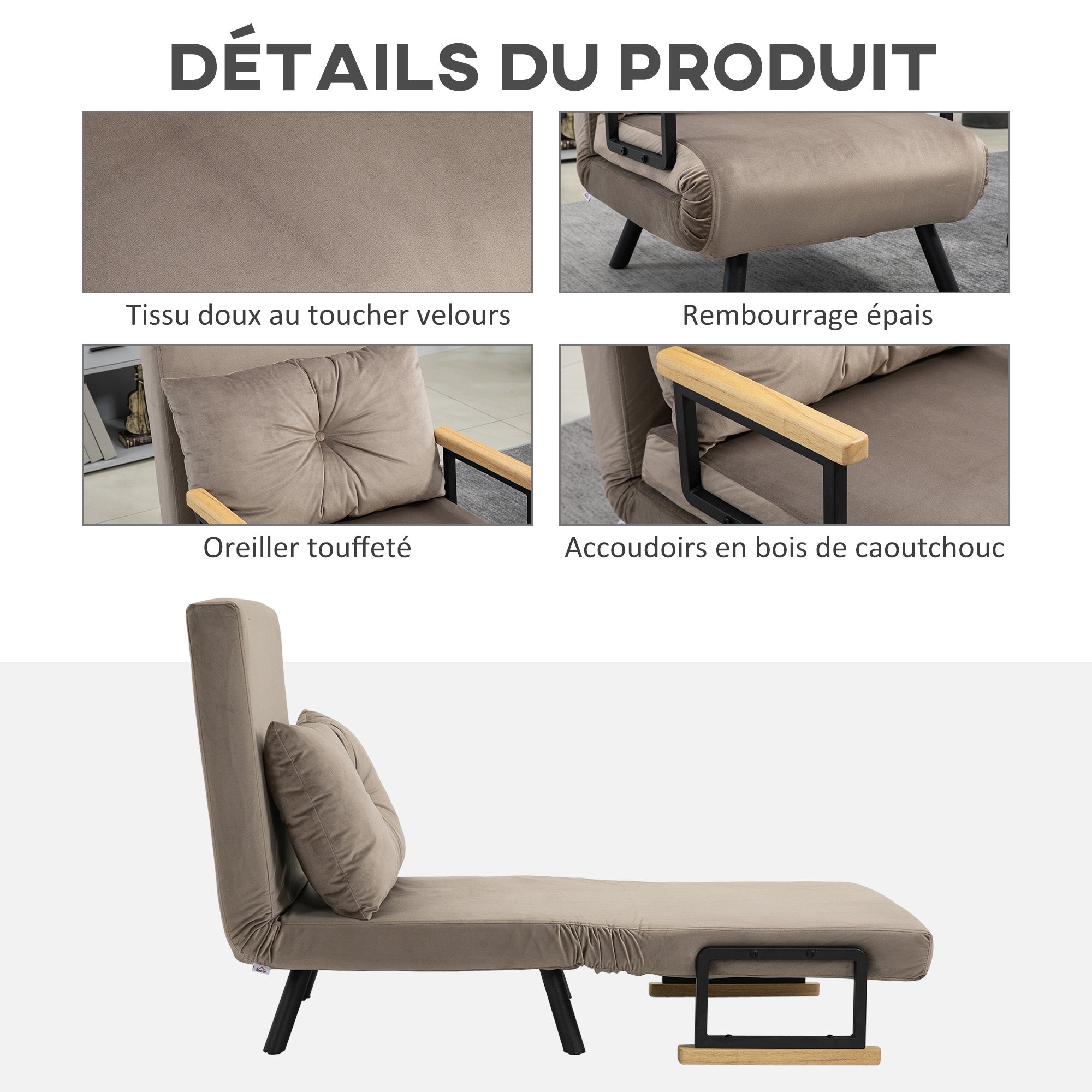 Fauteuil convertible 1 place chauffeuse 4 en 1 canapé convertible fauteuil lit avec dossier réglable en 5 positions, coussin inclus, canapé-lit 1 place pour invités, salon, charge 120 kg marron