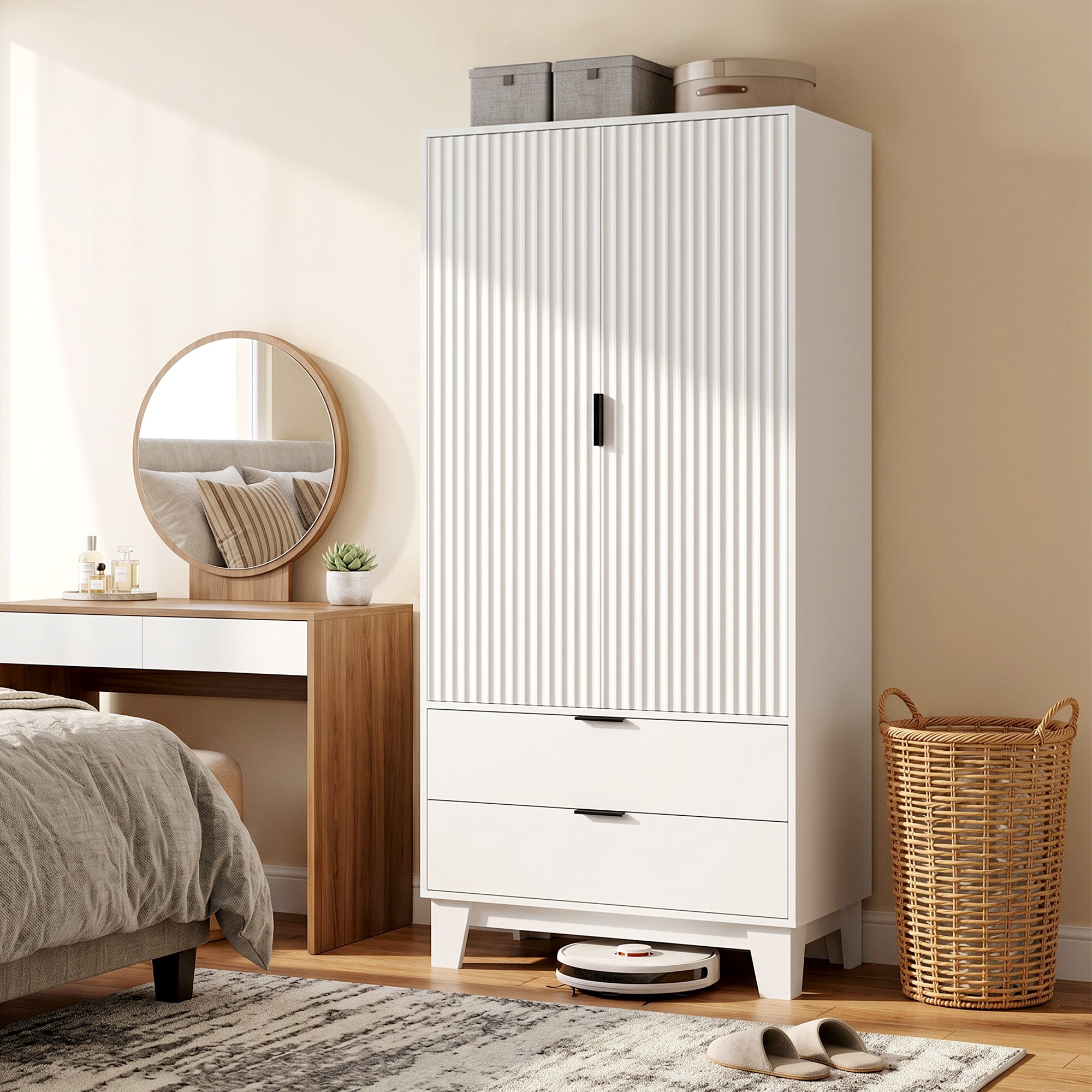 Armoire chambre penderie avec 2 portes cannelées à fermeture douce, 2 tiroirs et barre de suspension, armoire à vêtements, dressing, style moderne, 80 x 50 x 180 cm, blanc