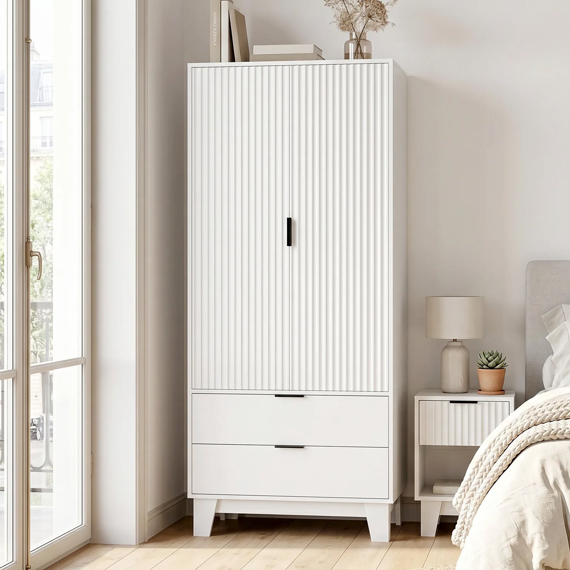 Armoire chambre penderie avec 2 portes cannelées à fermeture douce, 2 tiroirs et barre de suspension, armoire à vêtements, dressing, style moderne, 80 x 50 x 180 cm, blanc