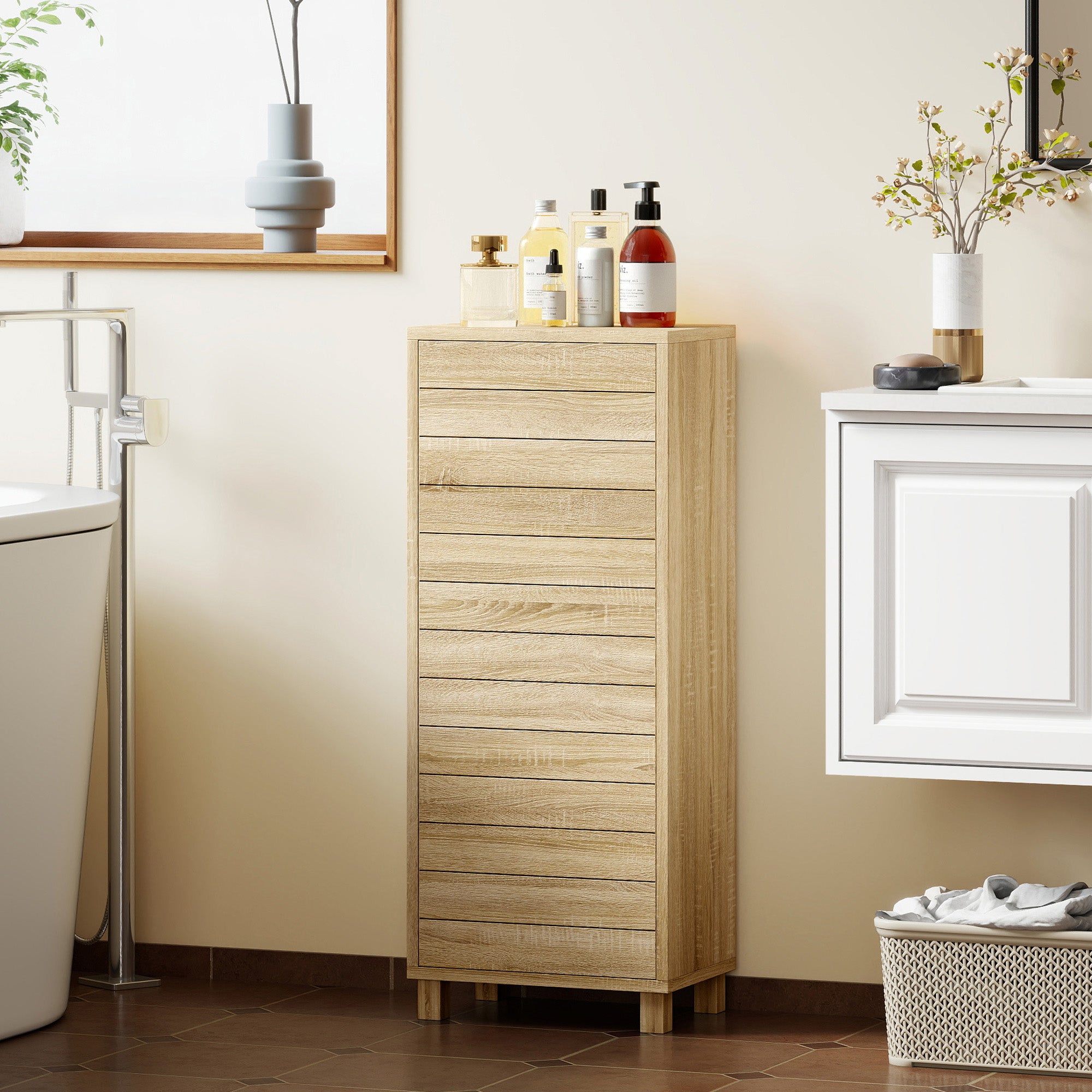 Meuble de Salle de Bain en Bois, Meuble de Rangement avec Étagère Réglable et Porte à Lamelles, Ouverture Pression, pour Salle de Bain, Salon, Chambre, 34 x 23 x 84 cm, Naturel
