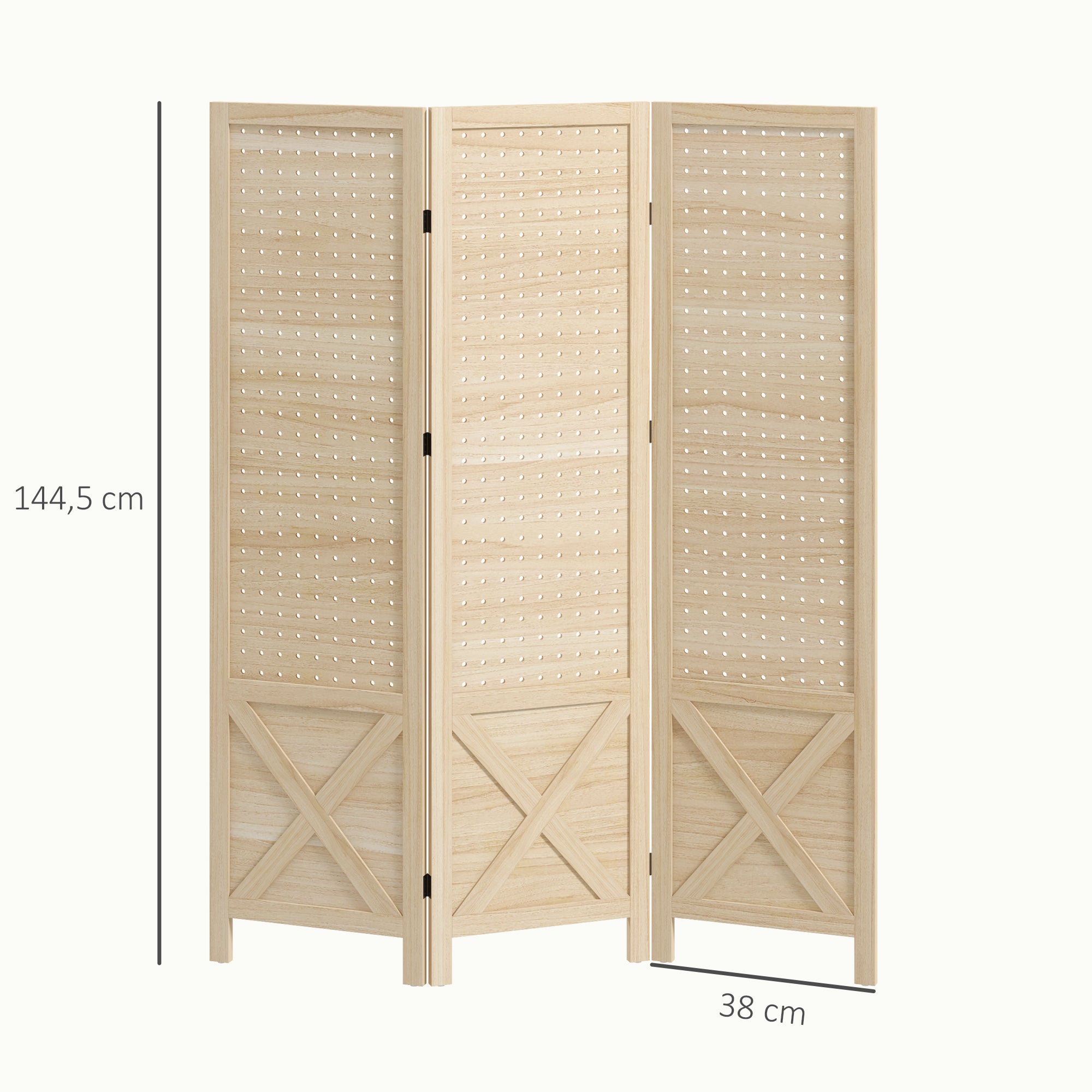 Paravent intérieur en bois, 3 panneaux, 114 x 144,5 cm, panneau perforé, séparateur de pièce pliable, Panneau perforé pour salon, chambre à coucher, maison, bois naturel