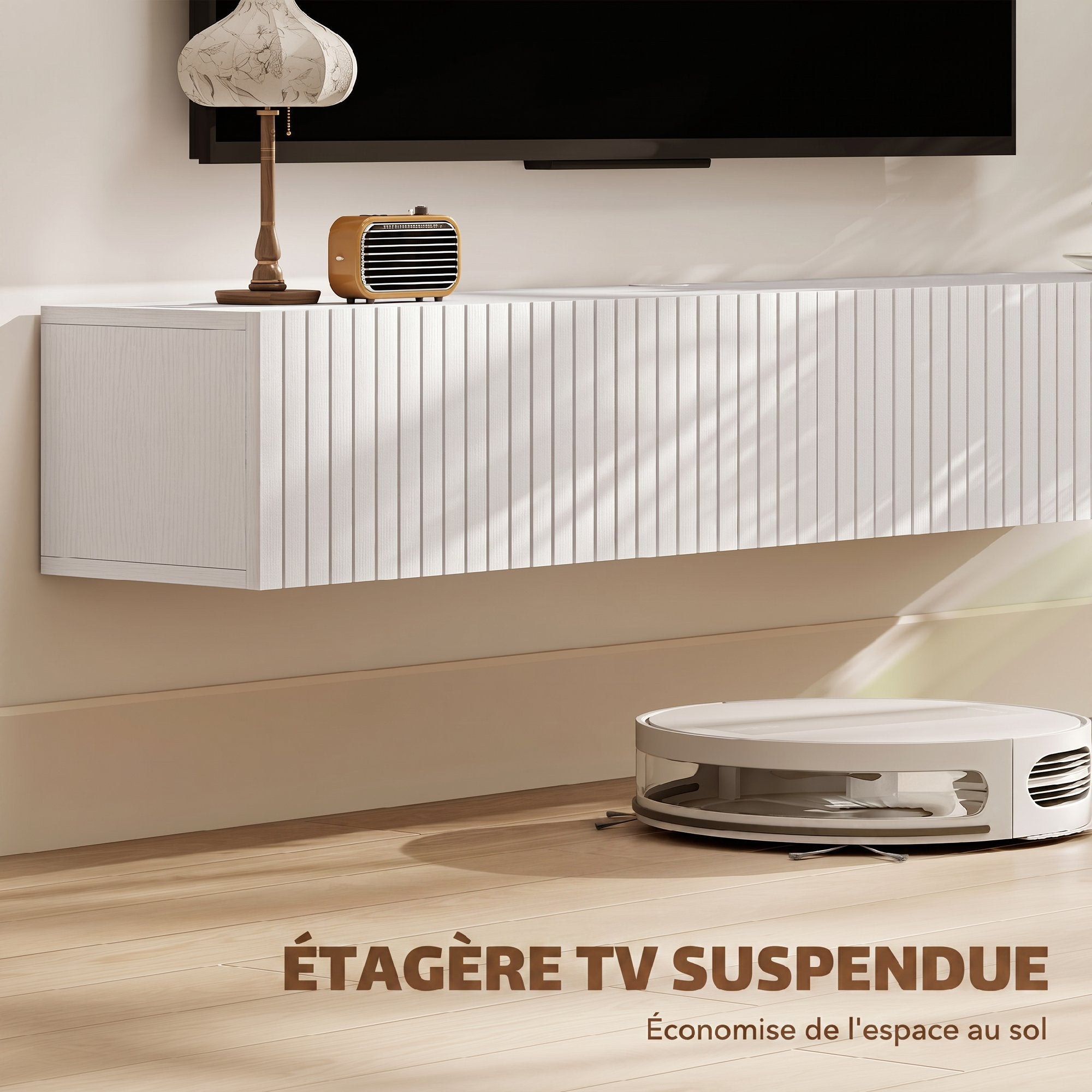 Meuble TV suspendu flottant 140 cm, meuble télé pour téléviseur jusqu'à 72 pouces avec 2 portes cannelées rabattables, banc TV mural pour salon, chambre à coucher, blanc