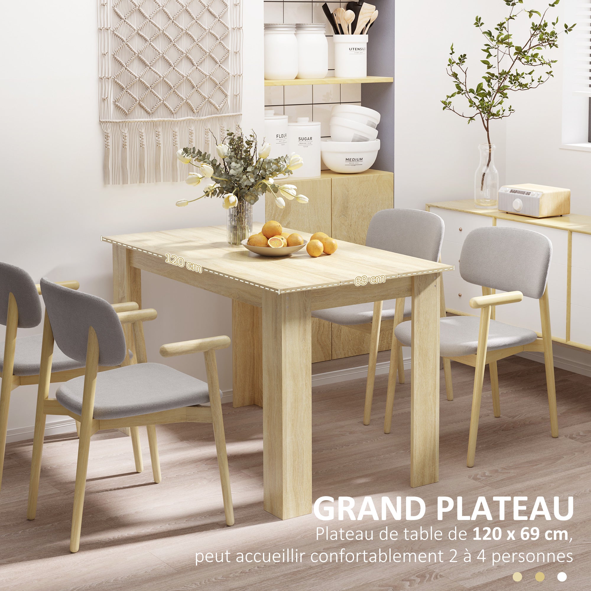 Table à manger rectangulaire pour 4 à 6 personnes, table de cuisine, 120 x 69 x 75 cm, style moderne, pieds triangulaires plus stable, chêne