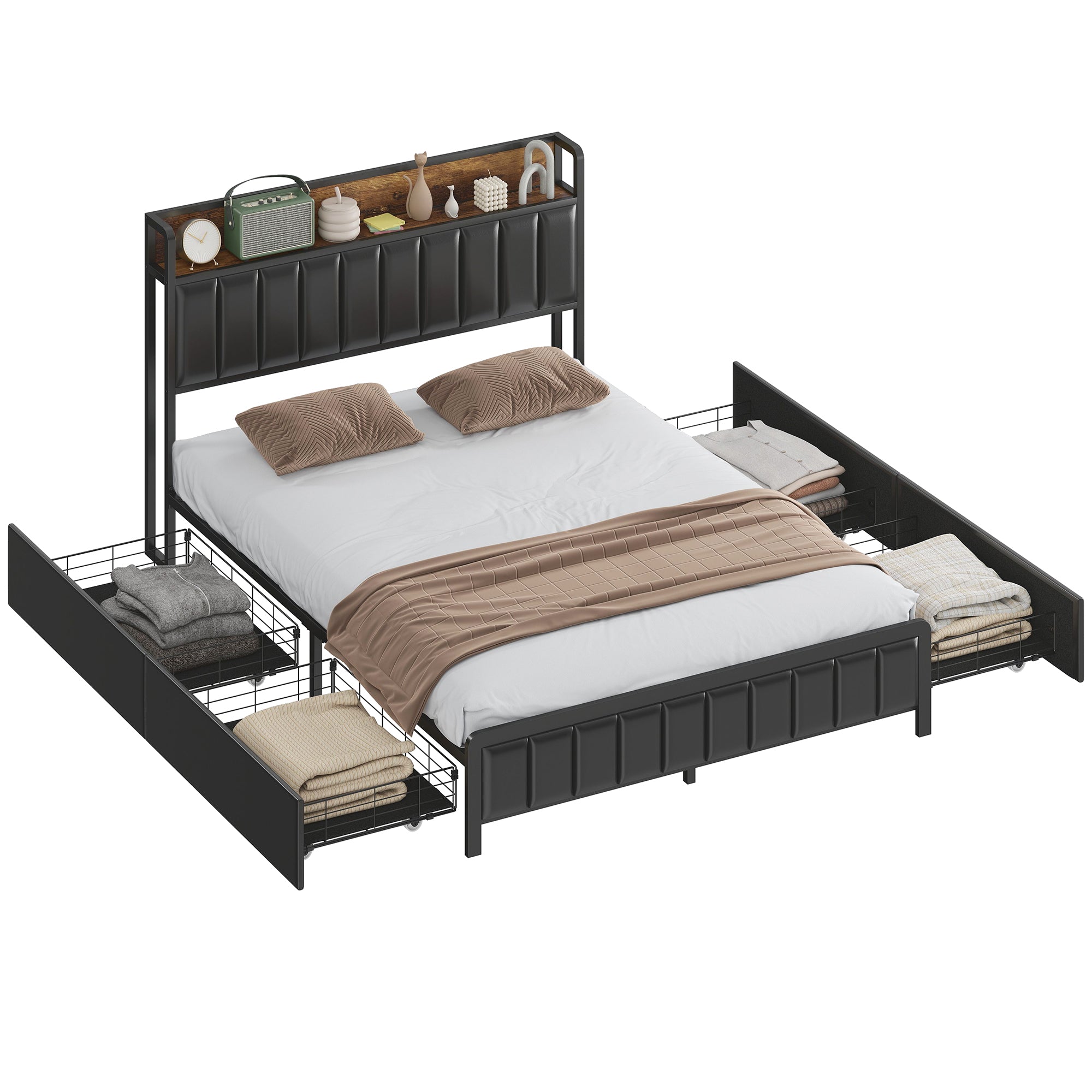 Cadre de lit 140 x 190 cm avec sommier à lattes en métal, lit double rembourré en cuir synthétique avec tête de lit, pied de lit, 4 tiroirs et étagère, sans bruit, style industriel, noir