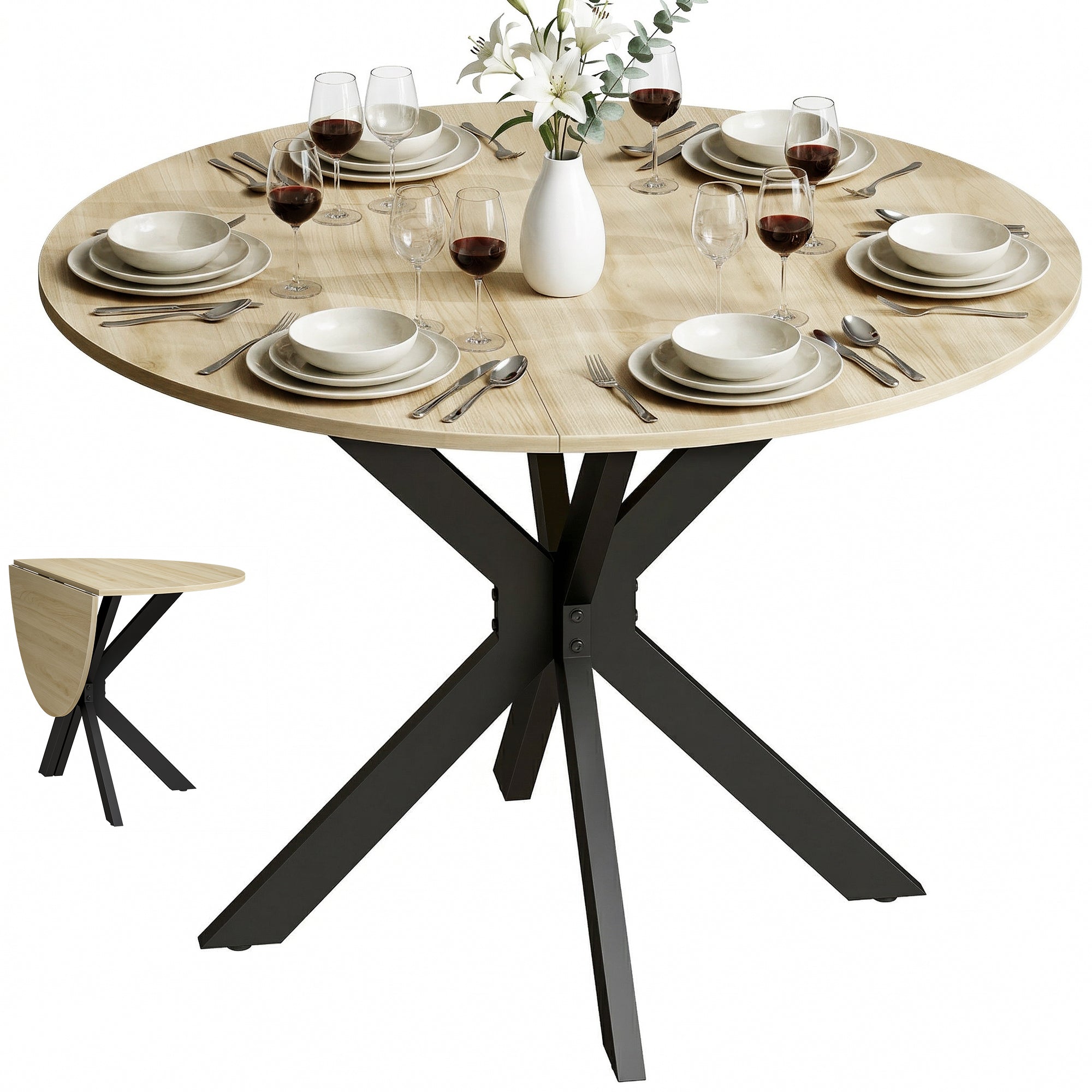 Table à manger pliante pour 2 à 6 personnes, table de cuisine ronde avec plateau rabattable et pieds croisés en acier, pour petits espaces, salle à manger, Ø110 x 76 cm, bois naturel