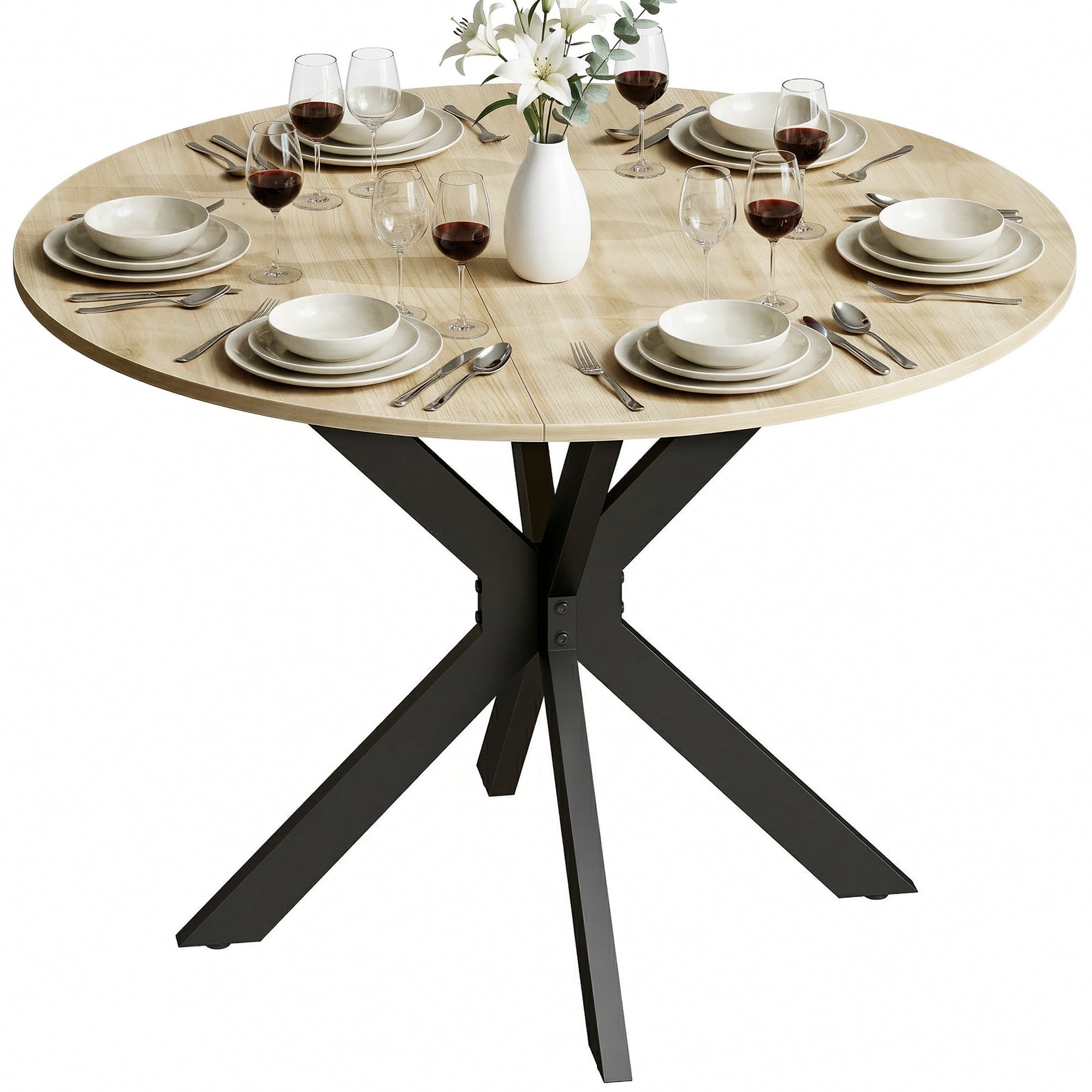 Table à manger pliante pour 2 à 6 personnes, table de cuisine ronde avec plateau rabattable et pieds croisés en acier, pour petits espaces, salle à manger, Ø110 x 76 cm, bois naturel