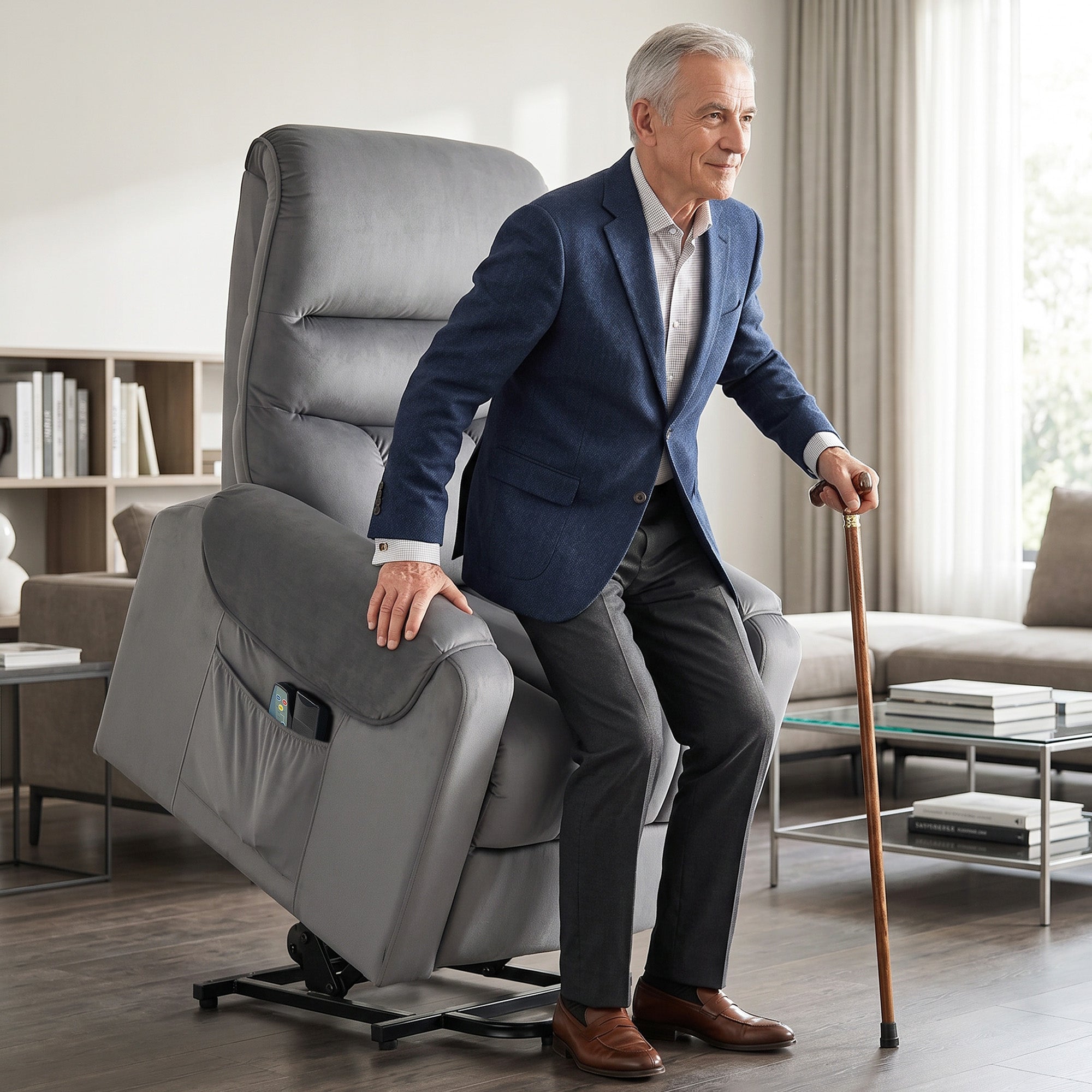 Fauteuil releveur électrique massage vibration et chaleur, fauteuil relax électrique en velours, dossier inclinable, coussin épais, repose-pieds, poches latérales, télécommande, gris foncé
