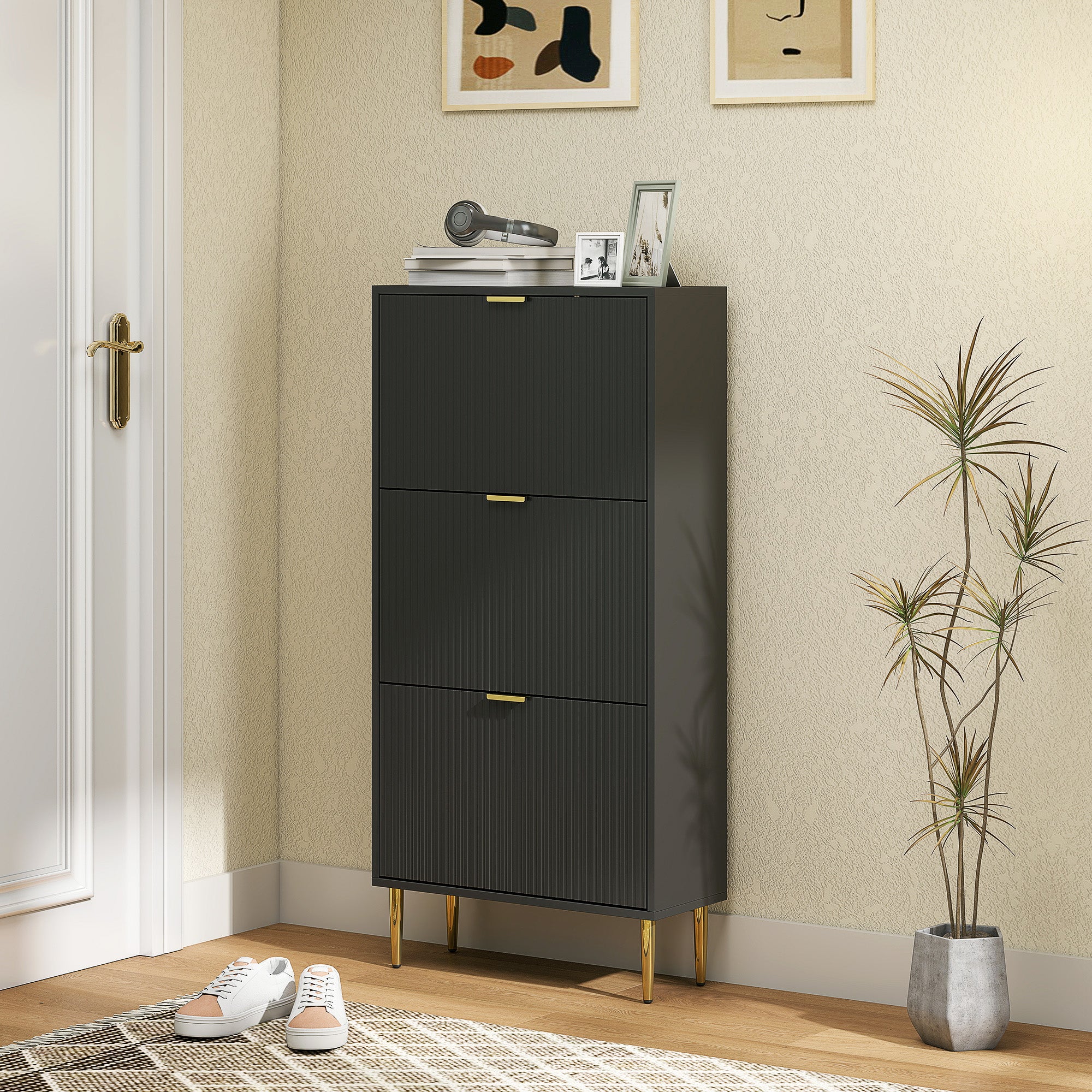 Meuble à chaussures 18 paires, armoire à chaussures étroite moderne avec 3 tiroirs rabattables, portes cannelées et étagères réglables, pour couloir et entrée, 60 x 24 x 122,5 cm, noir