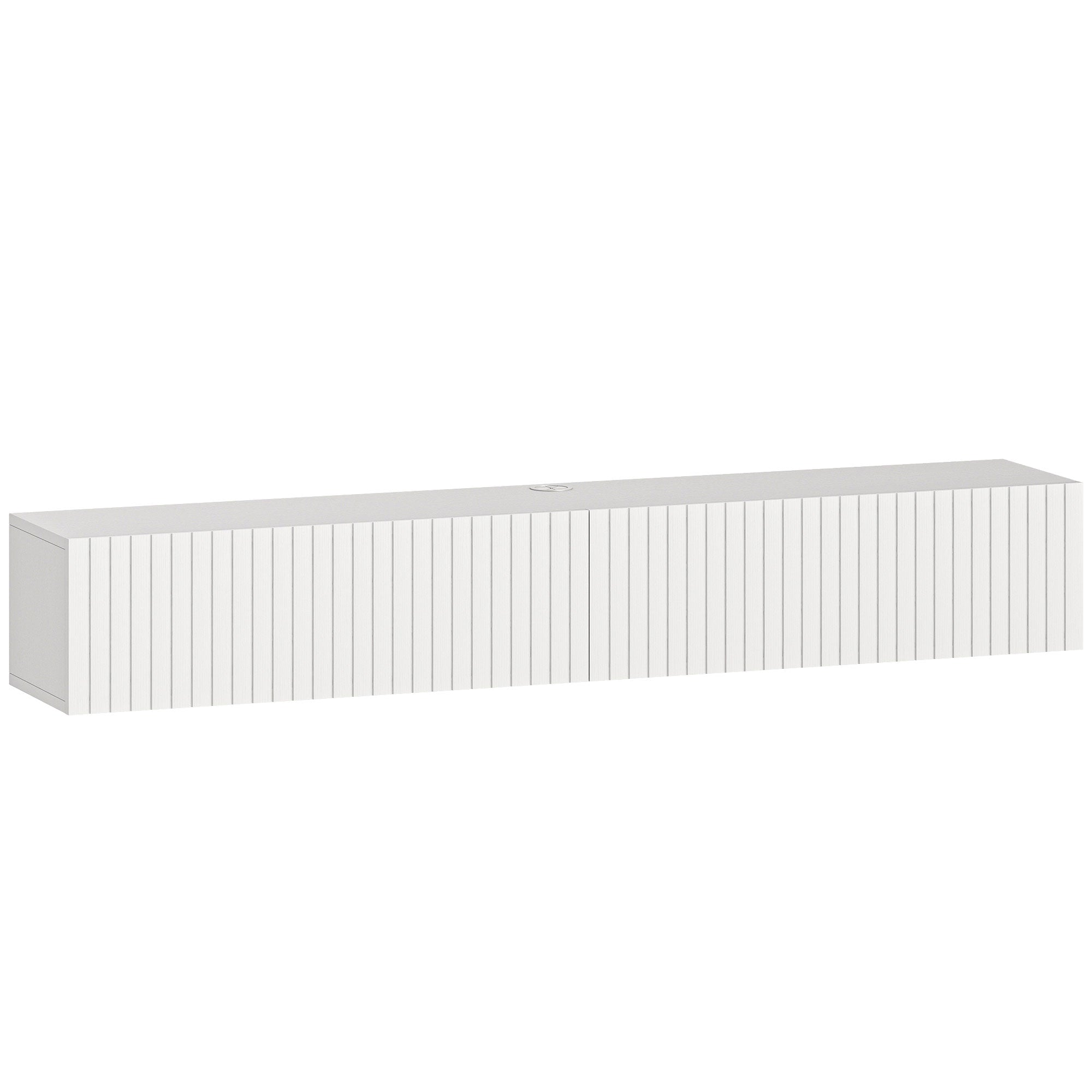 Meuble TV suspendu flottant 140 cm, meuble télé pour téléviseur jusqu'à 72 pouces avec 2 portes cannelées rabattables, banc TV mural pour salon, chambre à coucher, blanc