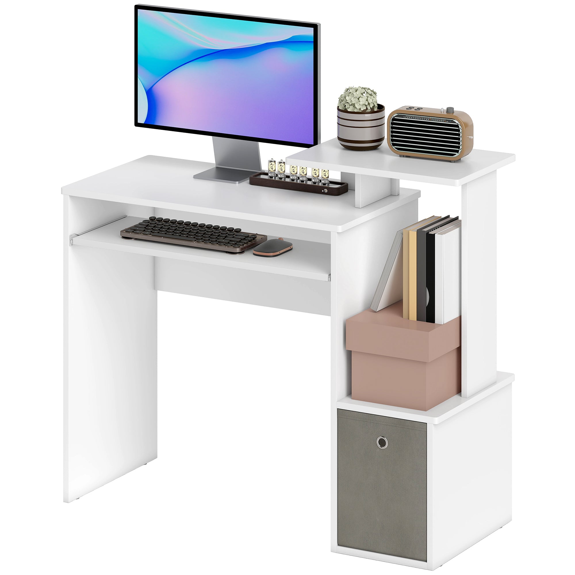 Bureau Informatique multimédia étagères Tablette Clavier Panier Gris Panneaux Particules Blanc