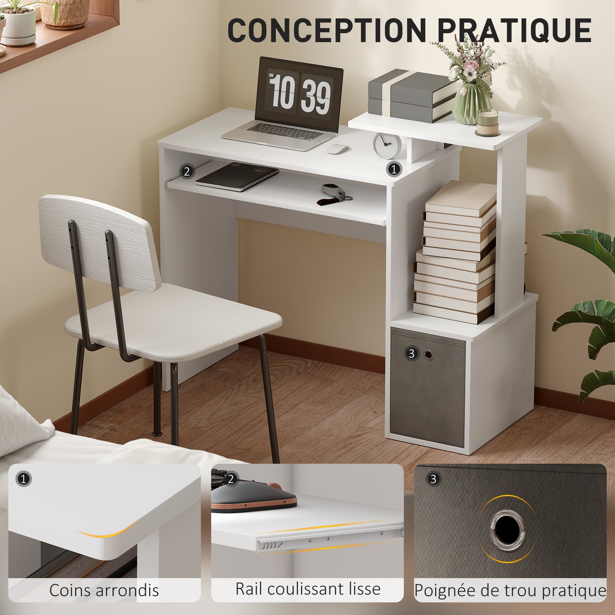 Bureau Informatique multimédia étagères Tablette Clavier Panier Gris Panneaux Particules Blanc