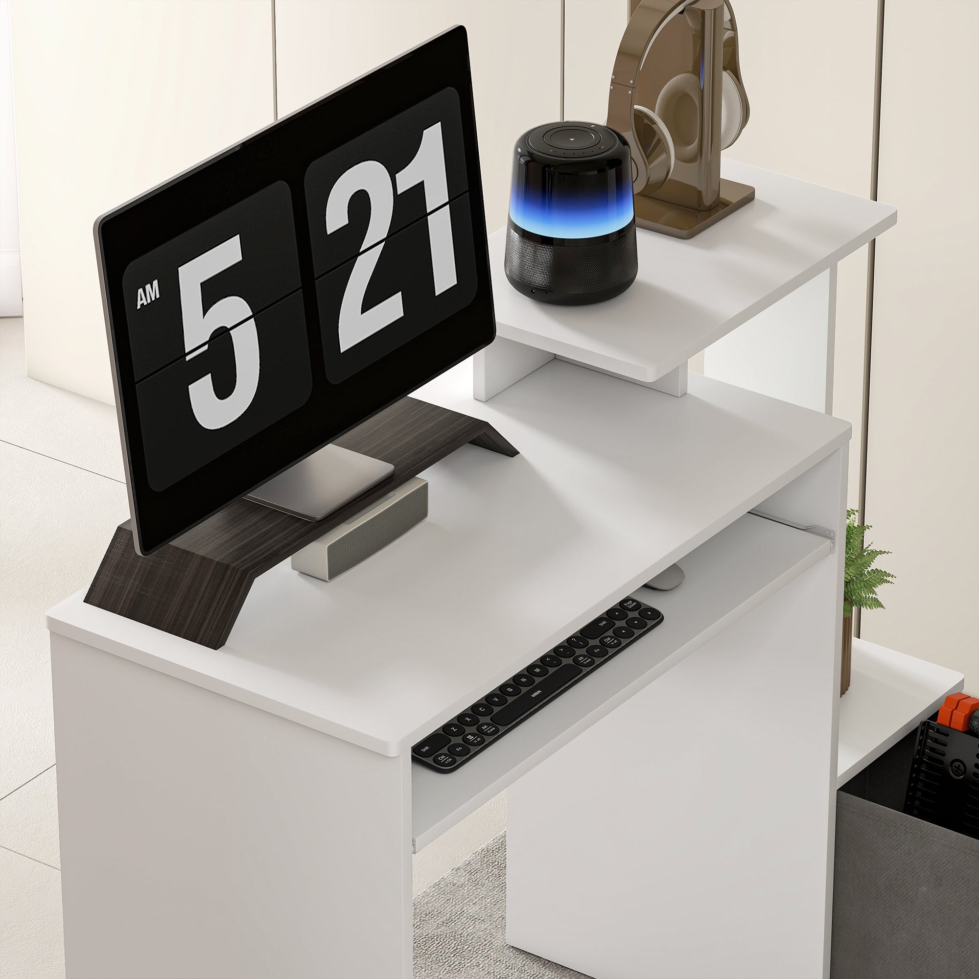 Bureau Informatique multimédia étagères Tablette Clavier Panier Gris Panneaux Particules Blanc