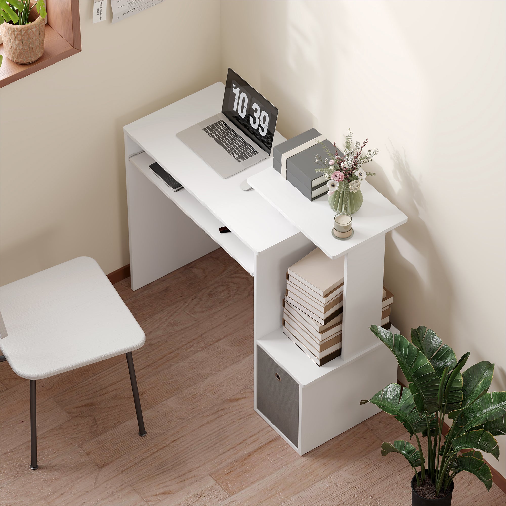 Bureau Informatique multimédia étagères Tablette Clavier Panier Gris Panneaux Particules Blanc