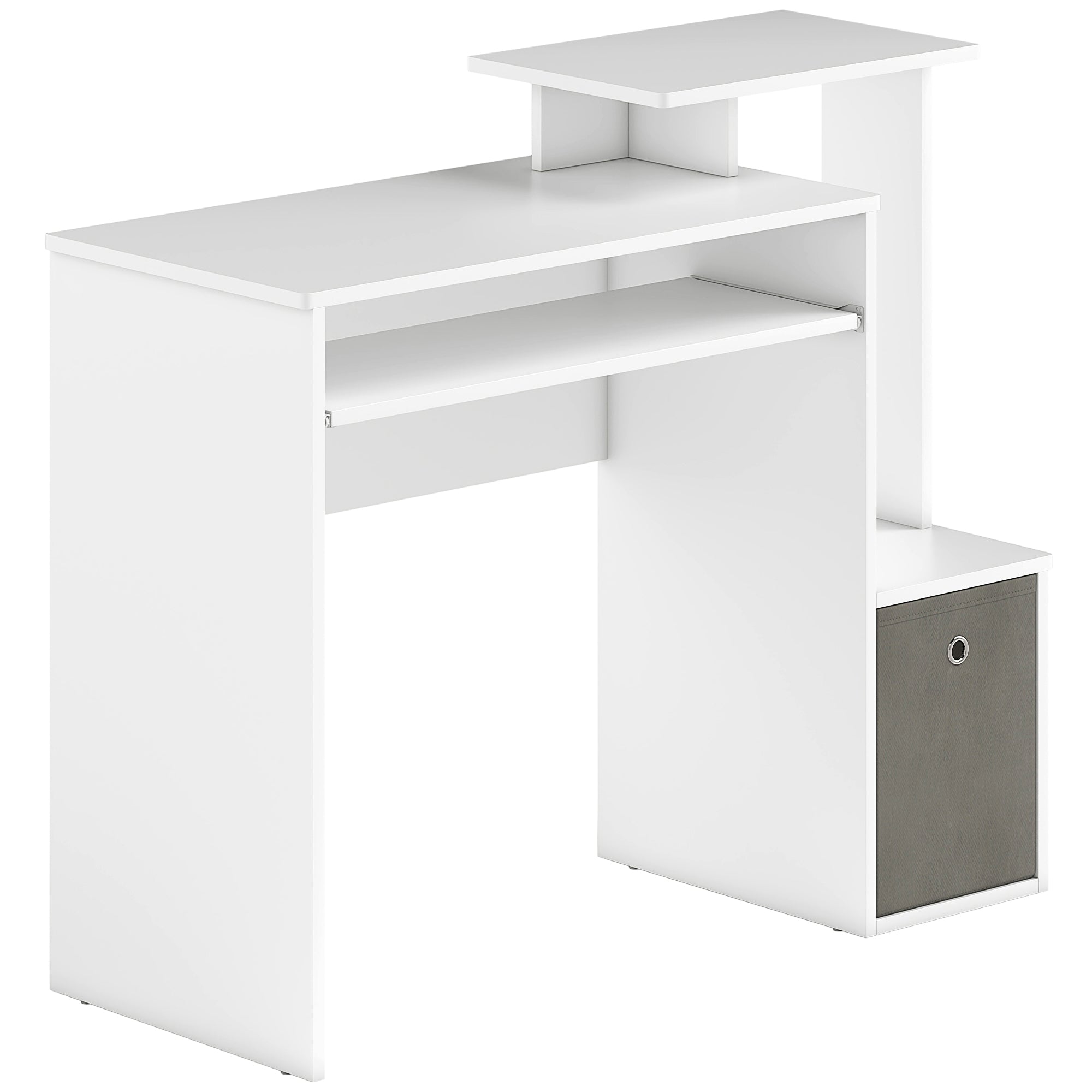 Bureau Informatique multimédia étagères Tablette Clavier Panier Gris Panneaux Particules Blanc