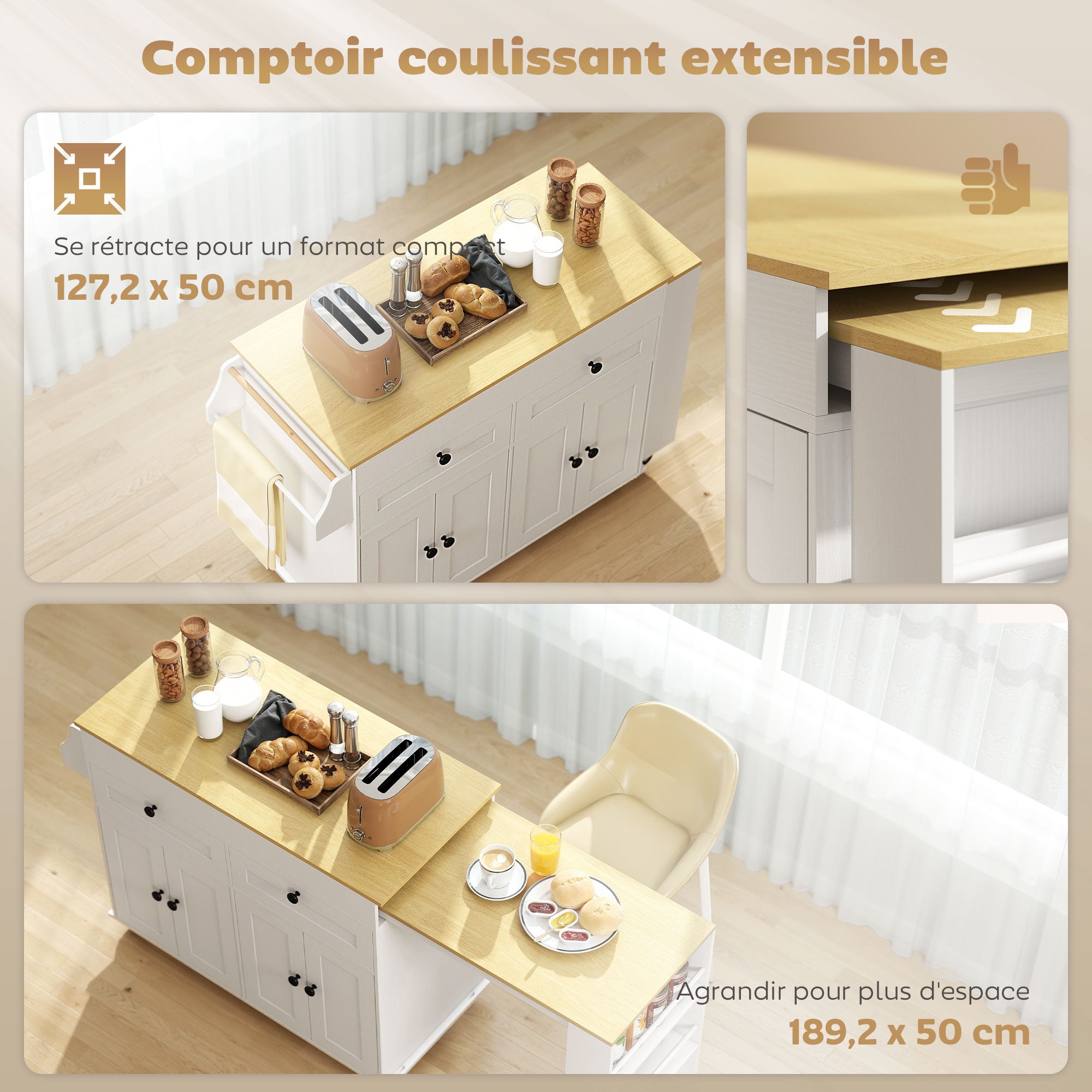 Îlot Central Cuisine avec Plateau Extensible, Desserte de Cuisine sur Roulettes avec 2 Tiroirs, 4 Portes, Porte-Serviettes et Porte-Épices, Style Rustique,127,2-189,2 x 50 x 87,8 cm, Blanc