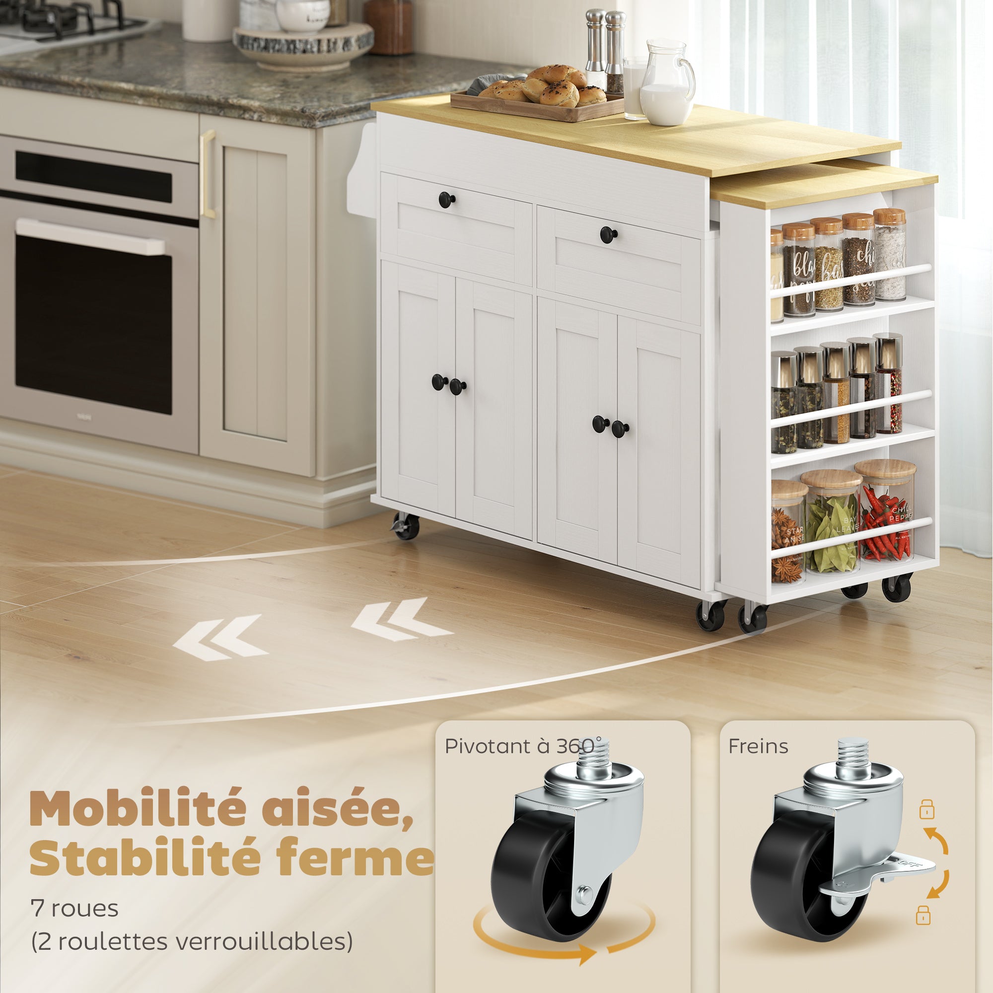 Îlot Central Cuisine avec Plateau Extensible, Desserte de Cuisine sur Roulettes avec 2 Tiroirs, 4 Portes, Porte-Serviettes et Porte-Épices, Style Rustique,127,2-189,2 x 50 x 87,8 cm, Blanc