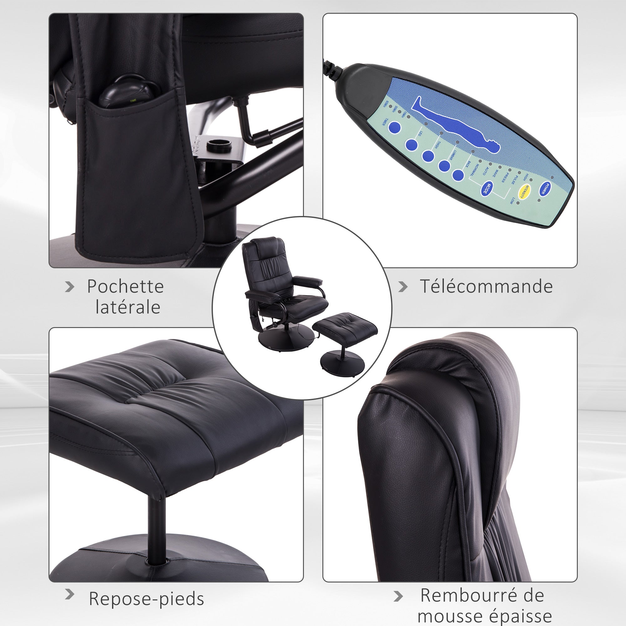 Fauteuil de Massage et Relaxation électrique pivotant inclinable avec Repose-Pied revêtement synthétique Noir