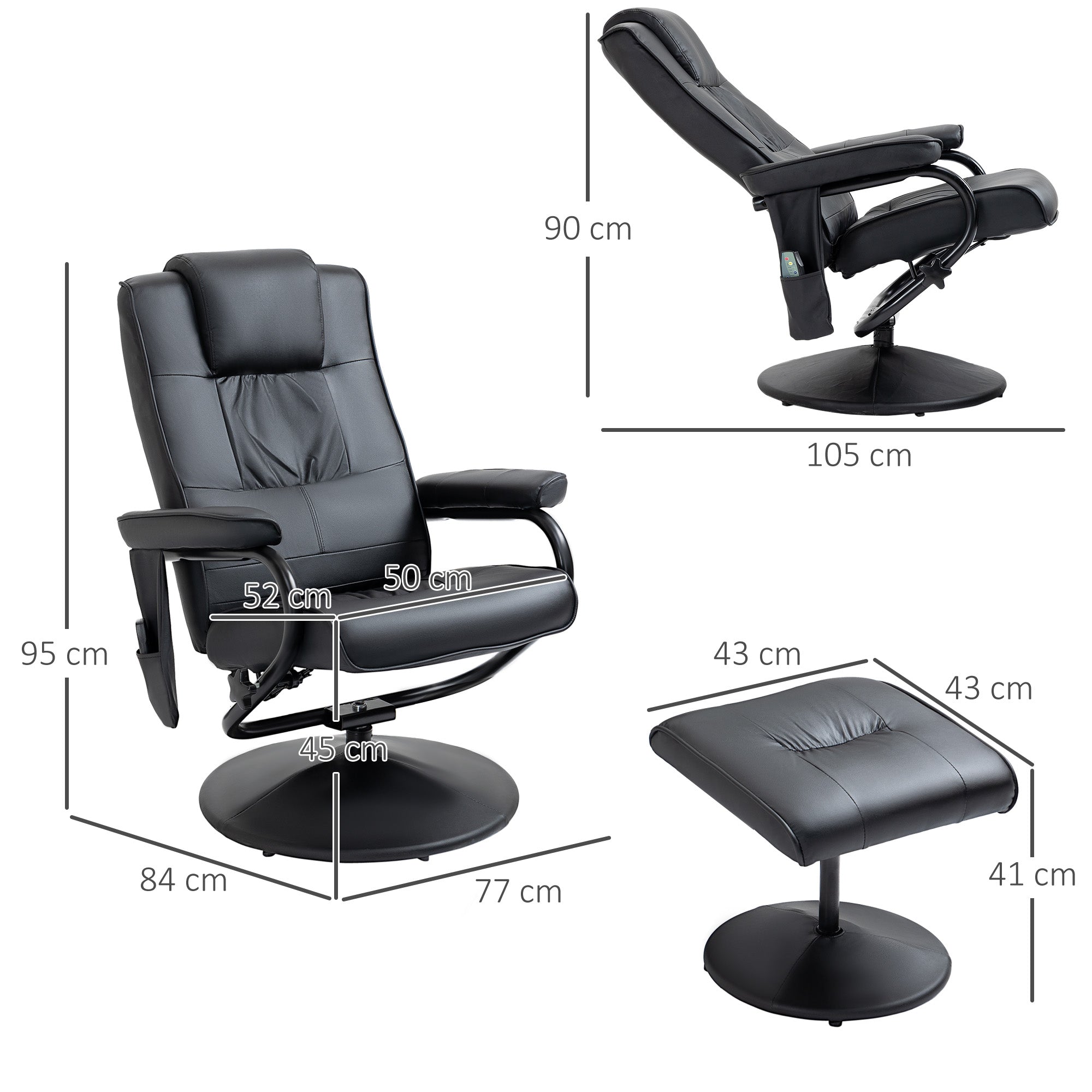 Fauteuil de Massage et Relaxation électrique pivotant inclinable avec Repose-Pied revêtement synthétique Noir