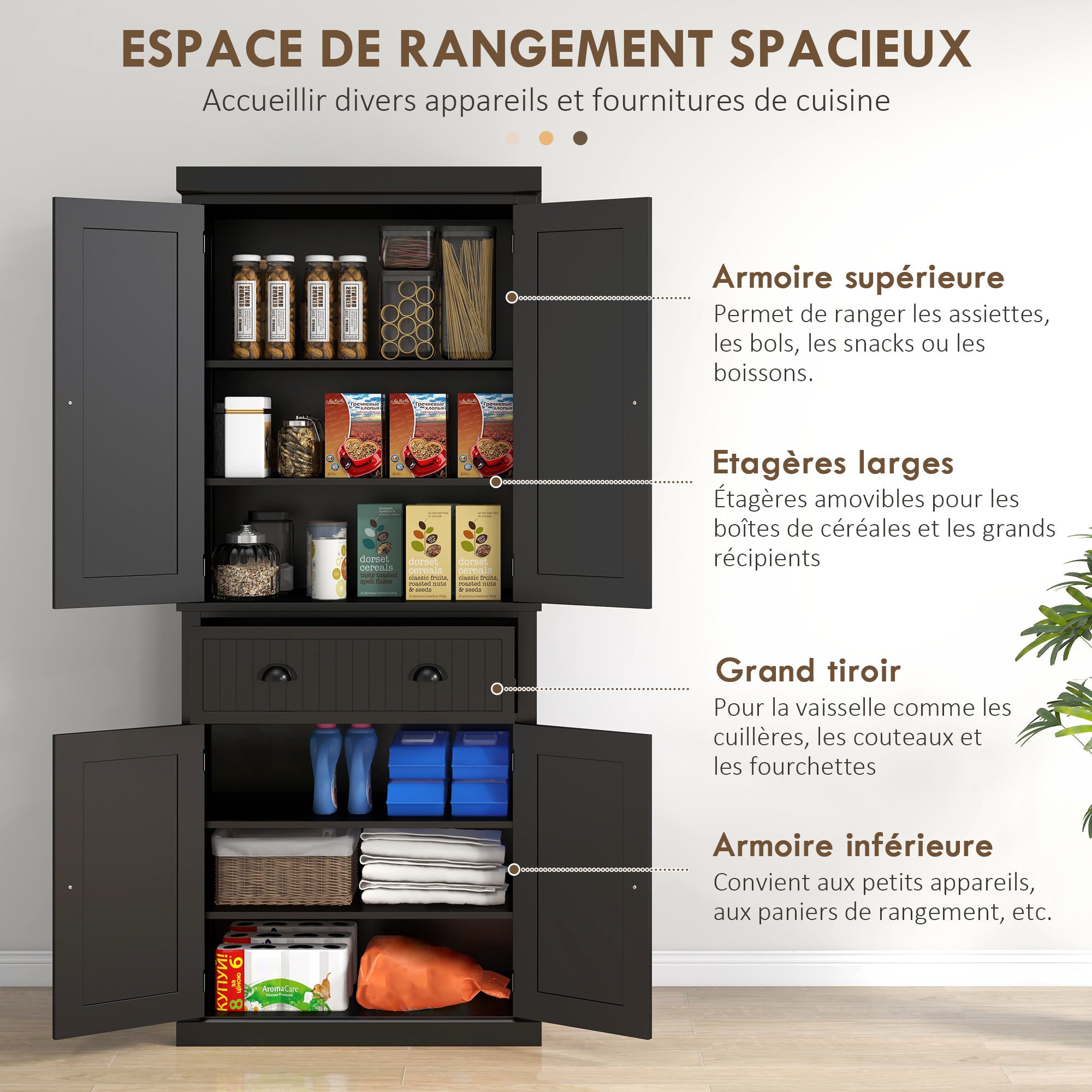 Armoire de cuisine buffet cuisine style moderne vaisselier avec placards à portes, étagères réglables et tiroir, meuble de rangement pour salle à manger, salon, 76,2 x 40,2 x 183 cm, noir