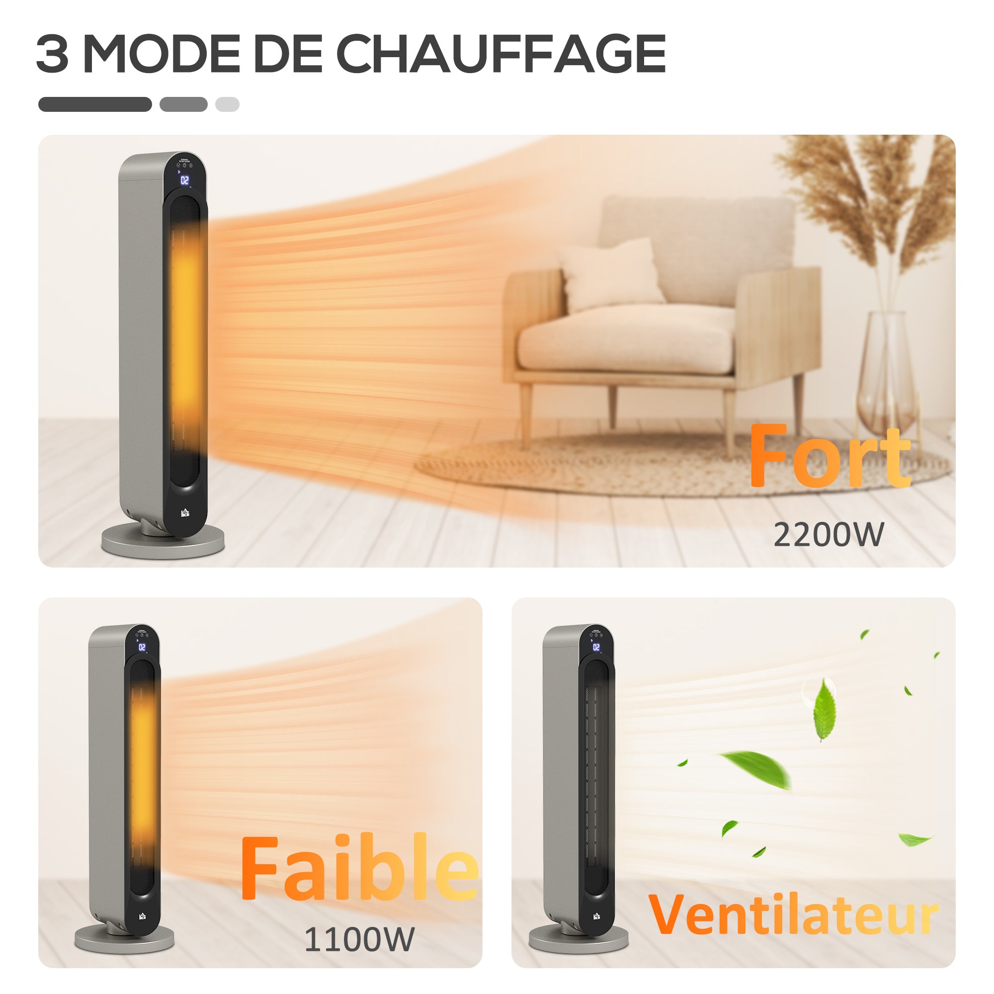 Chauffage soufflant oscillant 1100/2200 W - mini radiateur céramique PTC - télécommande incluse - chauffage d'appoint noir