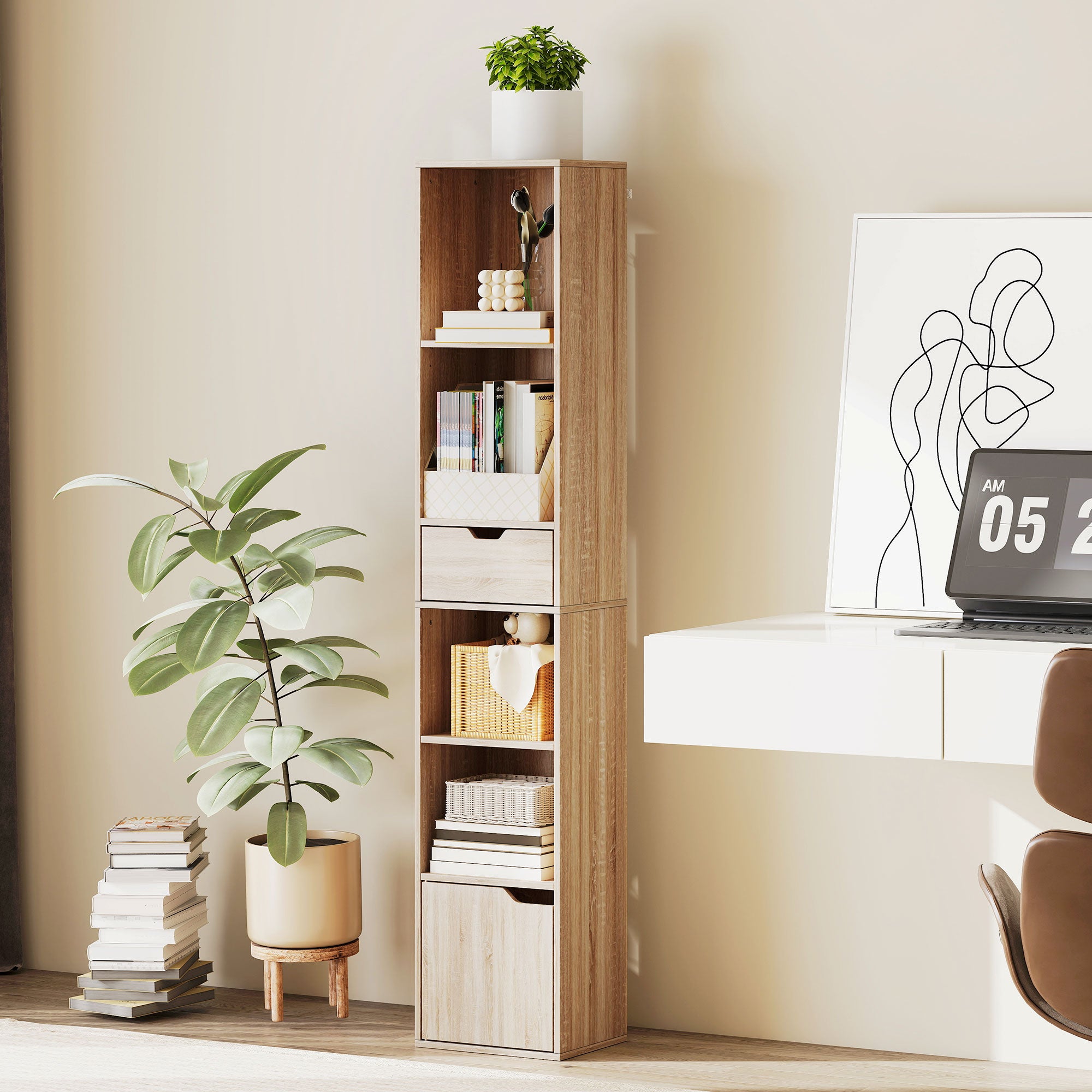 Bibliothèque, étagère à livres, meuble de rangement avec tiroir, placard et compartiments ouvertes, étagère de rangement pour salon, chambre bureau, 30 x 24 x 158 cm, bois naturel