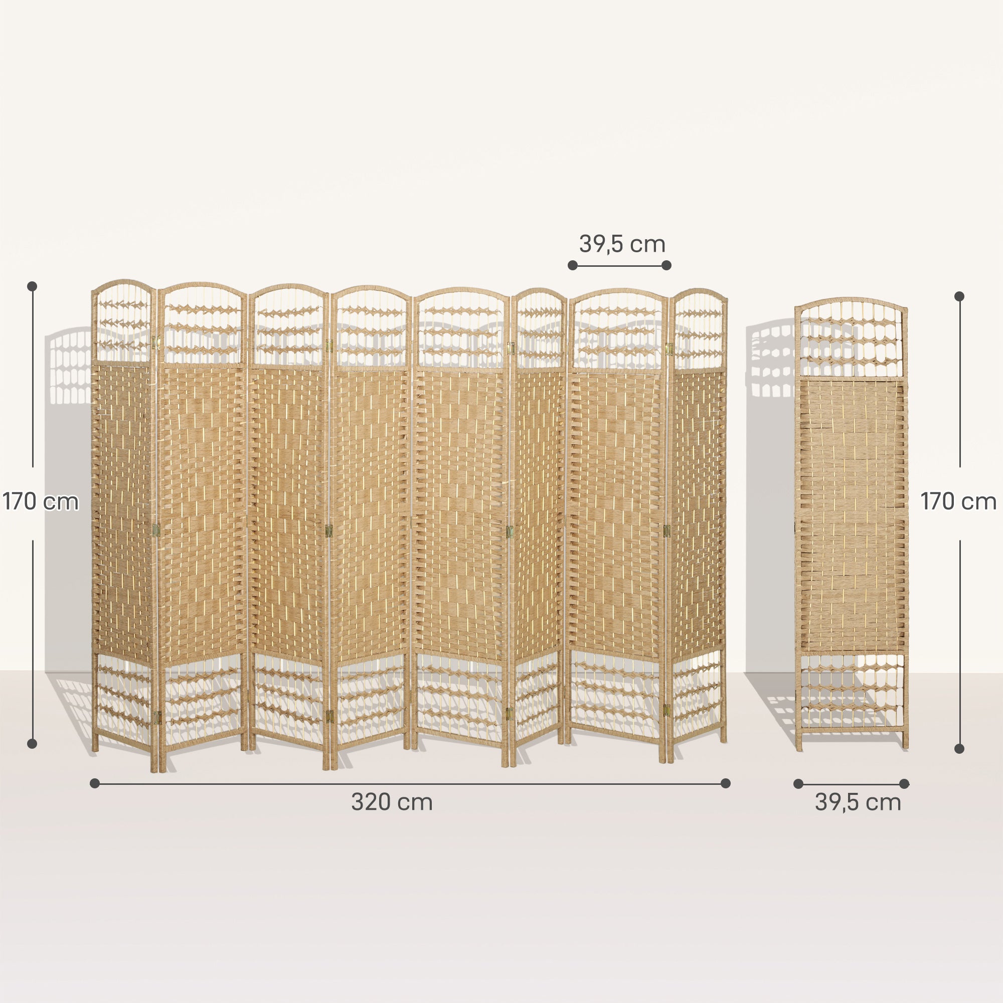 Paravent en bois 320 x 170 cm séparateur de pièce pliable 8 panneaux cloison de séparation chambre à coucher maison intérieur bois naturel