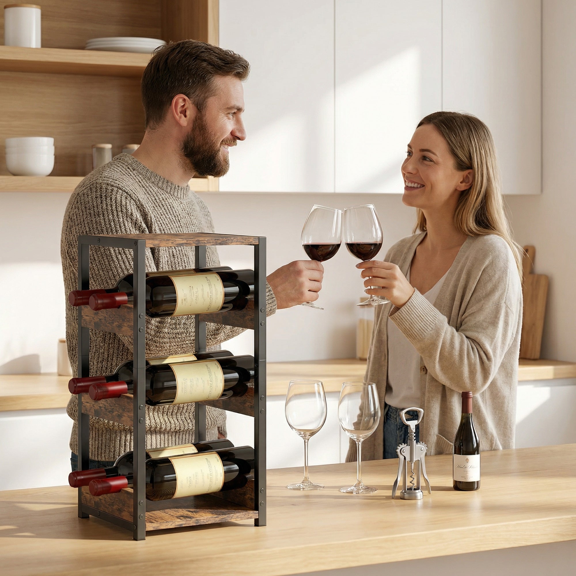 Casier à bouteilles pour 6 bouteilles, casier à vin avec plateau supérieur et étagères ondulées, style industriel, étagère à vin pour cuisine, salon, 22 x 24 x 49,2 cm, brun rustique