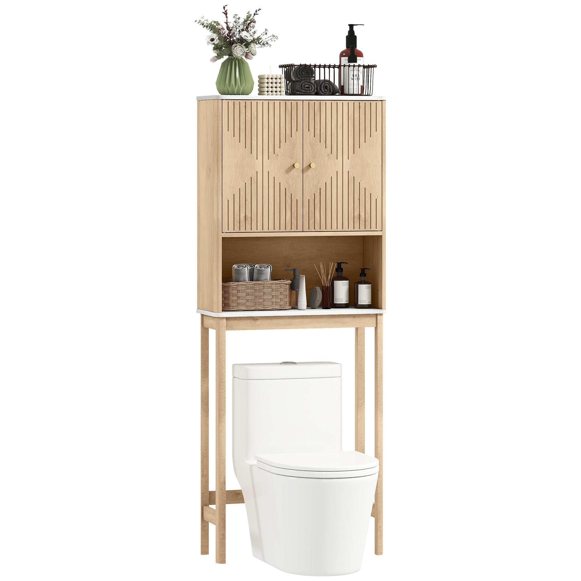 Meuble WC dessus de toilette meuble toilettes WC rangement avec placard à double porte, étagère réglable et étagère ouverte et barre inférieure réglable, 66 x 25 x 168 cm, chêne