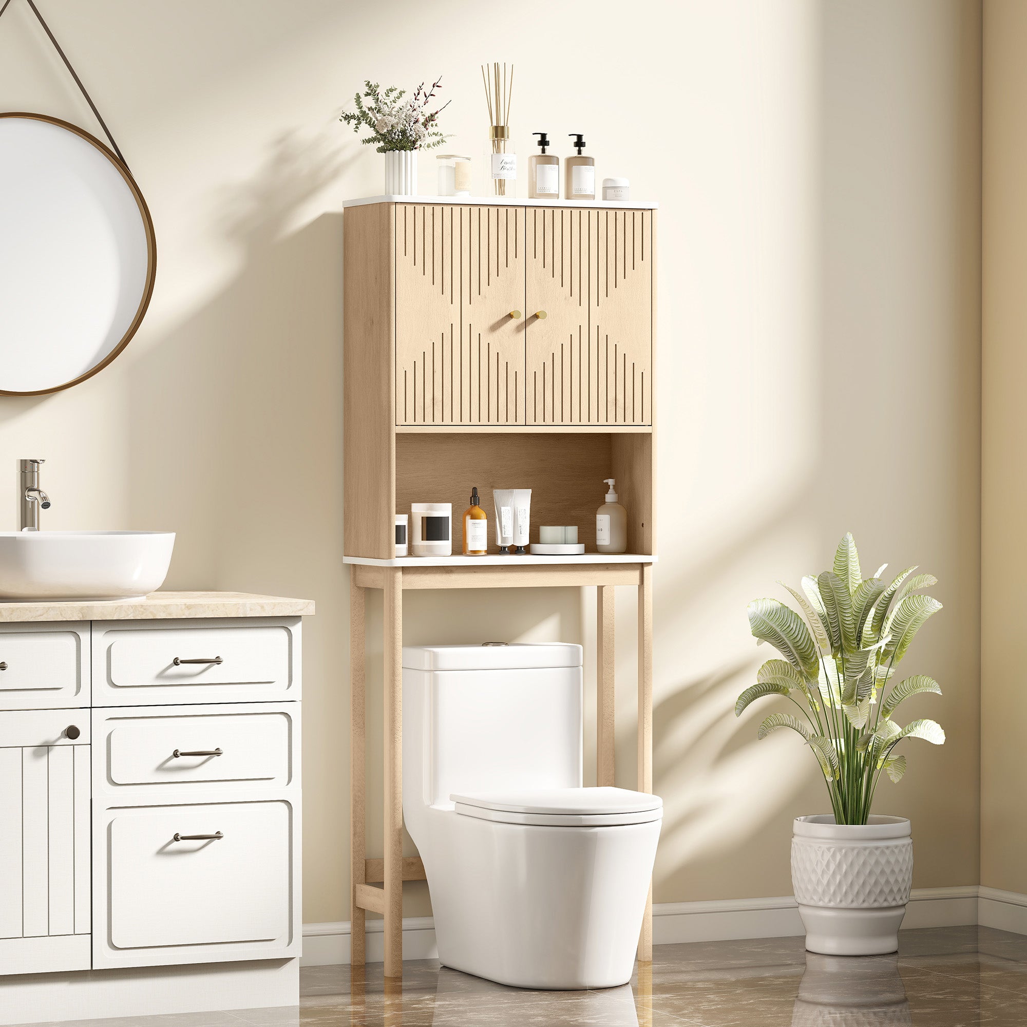 Meuble WC dessus de toilette meuble toilettes WC rangement avec placard à double porte, étagère réglable et étagère ouverte et barre inférieure réglable, 66 x 25 x 168 cm, chêne