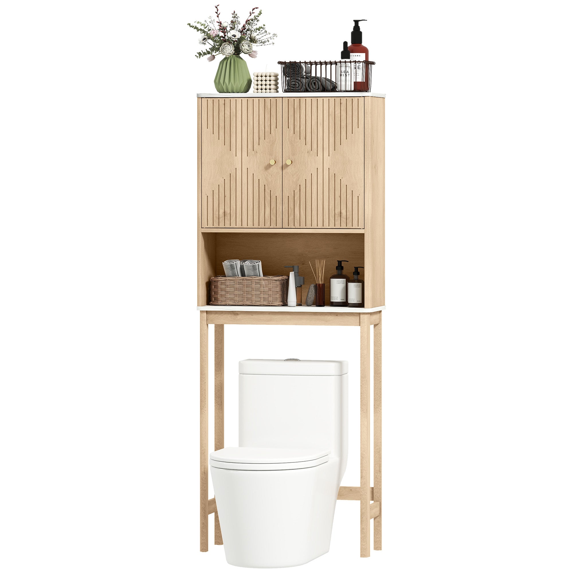 Meuble WC dessus de toilette meuble toilettes WC rangement avec placard à double porte, étagère réglable et étagère ouverte et barre inférieure réglable, 66 x 25 x 168 cm, chêne