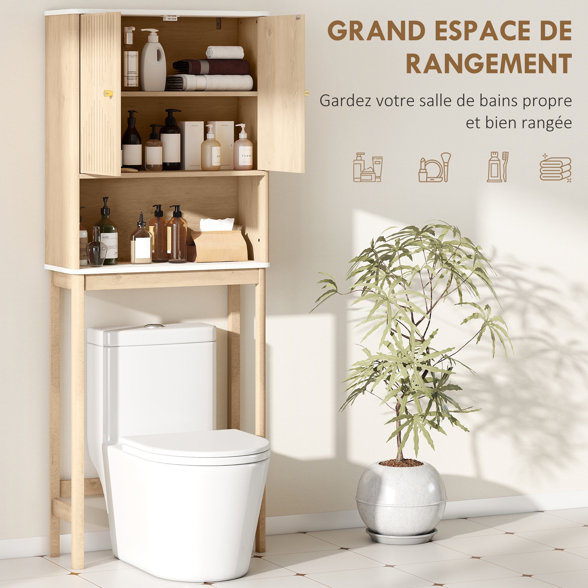 Meuble WC dessus de toilette meuble toilettes WC rangement avec placard à double porte, étagère réglable et étagère ouverte et barre inférieure réglable, 66 x 25 x 168 cm, chêne