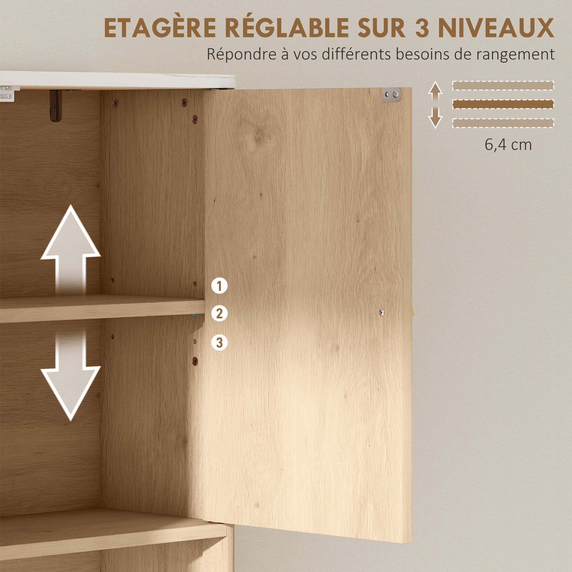 Meuble WC dessus de toilette meuble toilettes WC rangement avec placard à double porte, étagère réglable et étagère ouverte et barre inférieure réglable, 66 x 25 x 168 cm, chêne