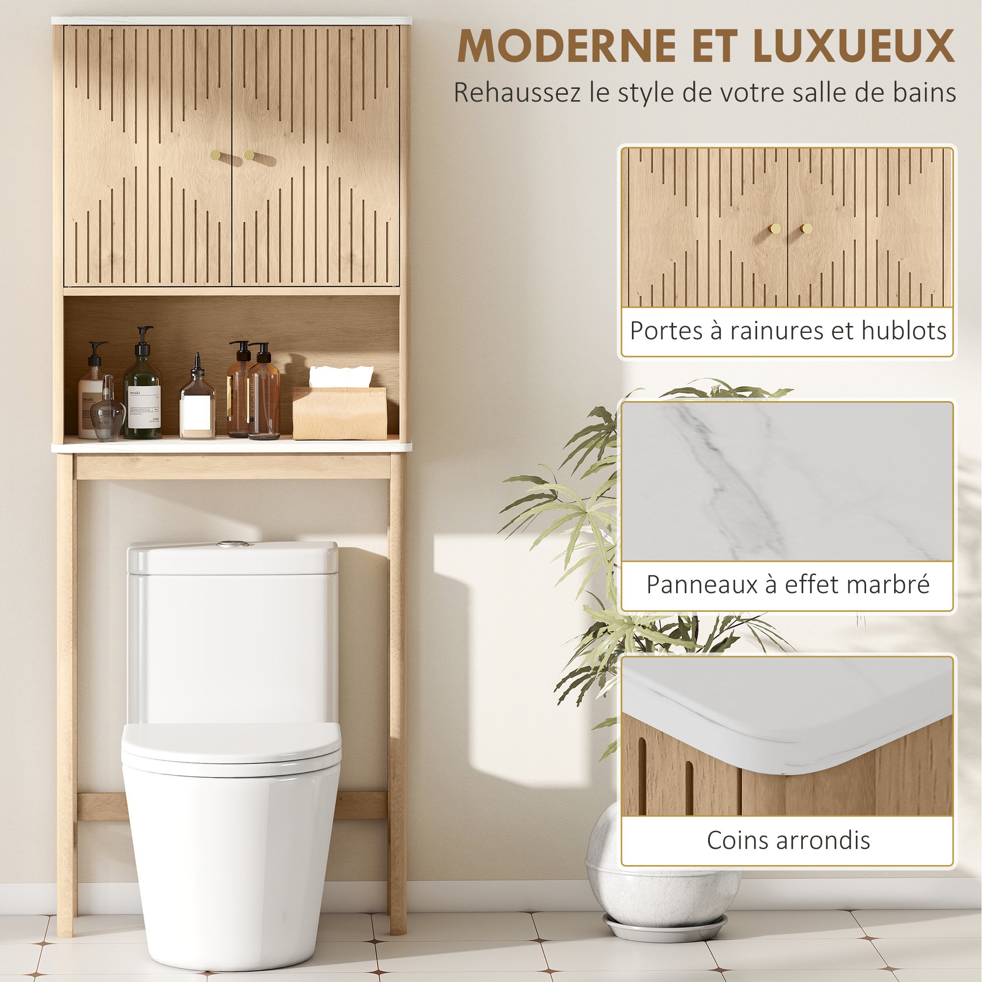 Meuble WC dessus de toilette meuble toilettes WC rangement avec placard à double porte, étagère réglable et étagère ouverte et barre inférieure réglable, 66 x 25 x 168 cm, chêne