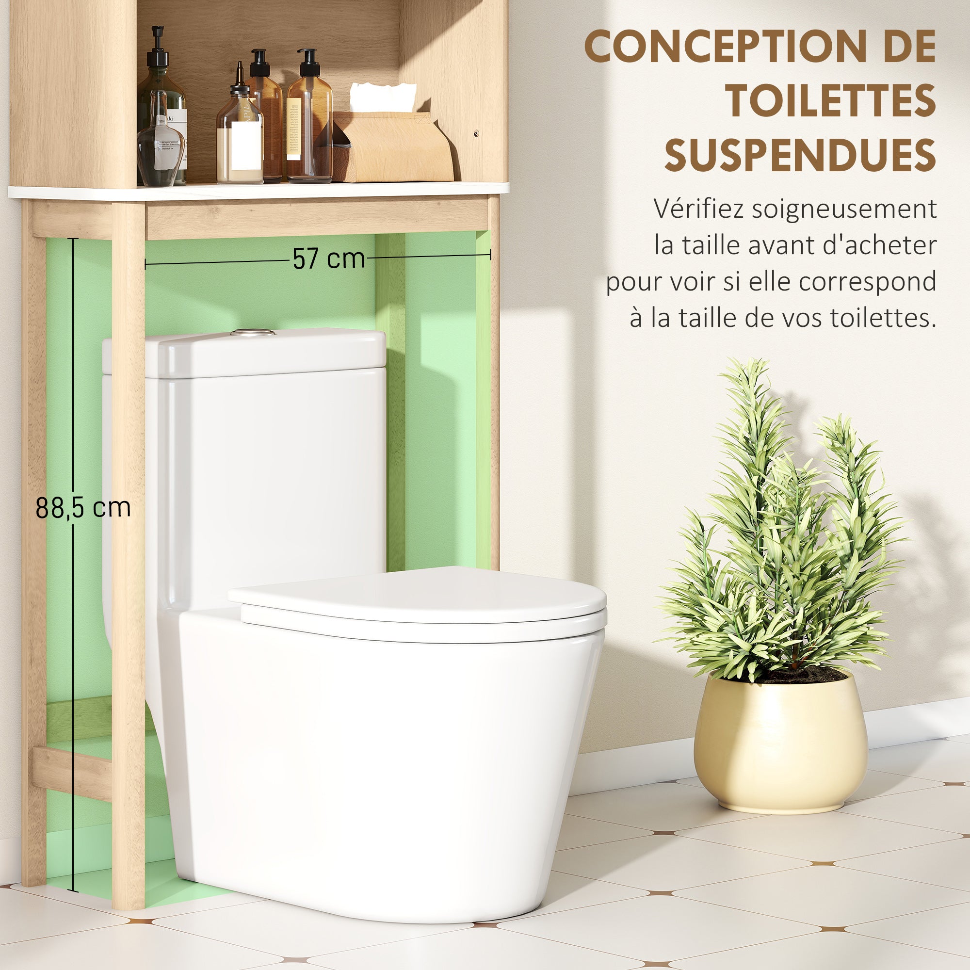 Meuble WC dessus de toilette meuble toilettes WC rangement avec placard à double porte, étagère réglable et étagère ouverte et barre inférieure réglable, 66 x 25 x 168 cm, chêne