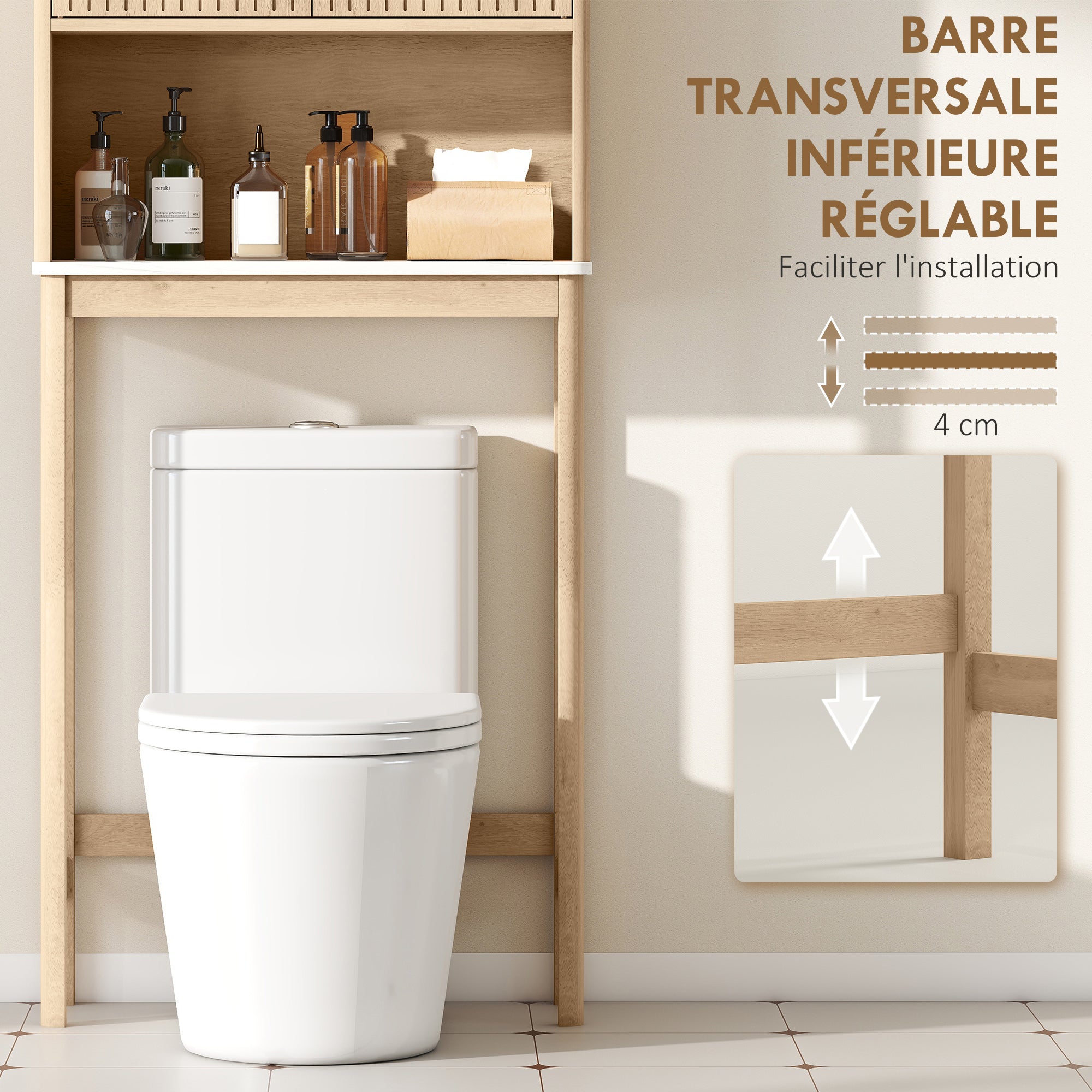 Meuble WC dessus de toilette meuble toilettes WC rangement avec placard à double porte, étagère réglable et étagère ouverte et barre inférieure réglable, 66 x 25 x 168 cm, chêne