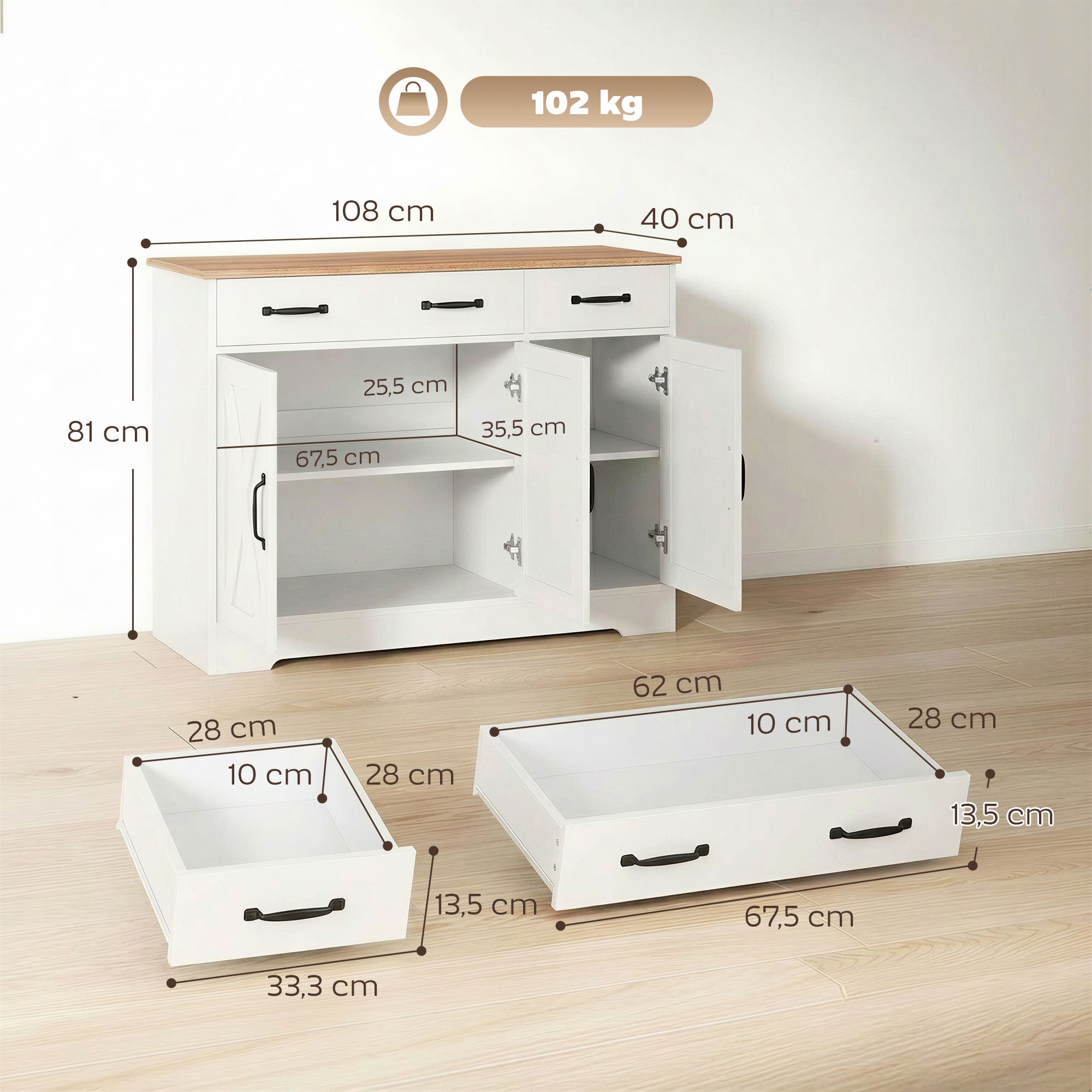 Buffet Cuisine, Meuble de Rangement avec 3 Portes de Grange, 2 Tiroirs et Étagères Réglables, Meuble TV pour Téléviseurs Jusqu'à 50 Pouces, pour Salon et Chambre, 108 x 40 x 81 cm, Blanc