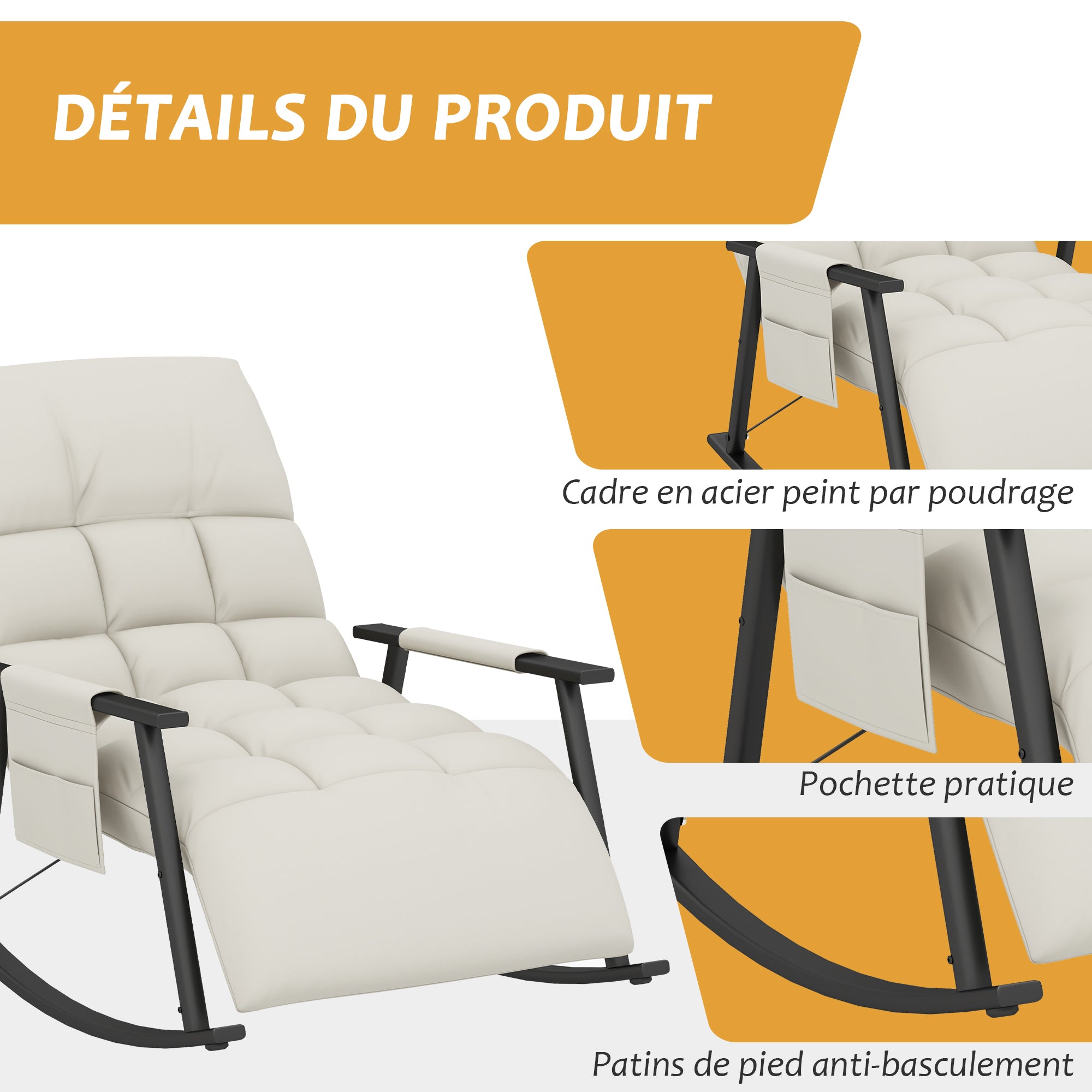 Fauteuil à bascule, fauteuil allaitement, repose-pieds réglable sur 4 positions, dossier réglable sur 5 positions, pour chambre, salon, capacité 120 kg, crème