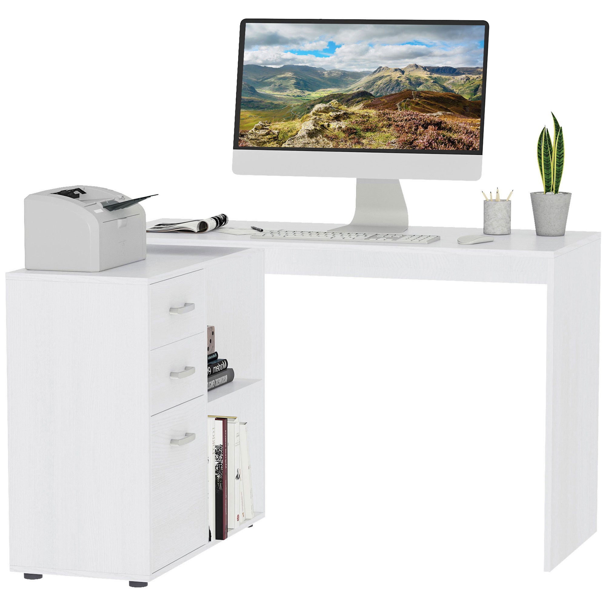 Bureau d'angle bureau droit modulable table de salle à manger 2 en 1 bureau informatique tiroirs x 3 + 2 niches MDF blanc