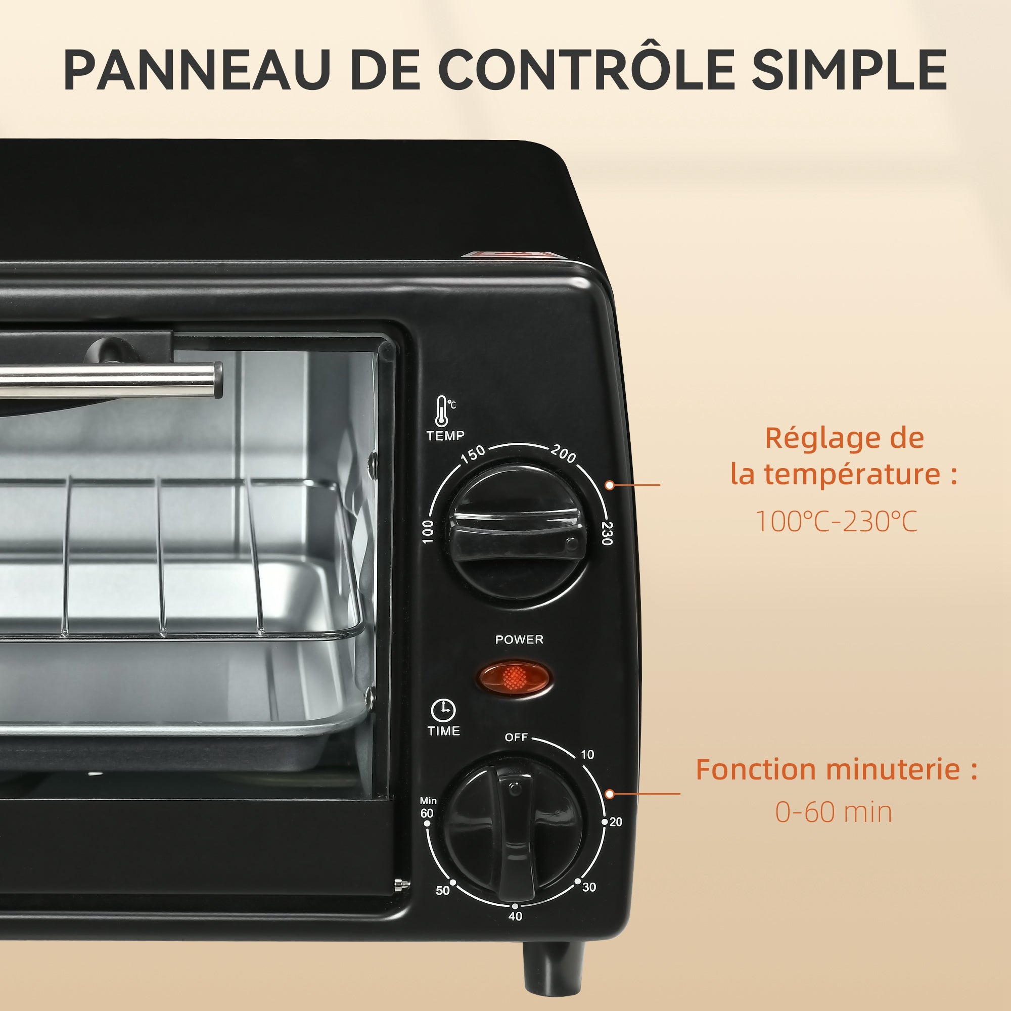 Mini four électrique 10L avec 1 grille et 1 plateau, température réglable de 100°C à 230°C, Minuteur 60 min, 36,5x26x22cm, noir