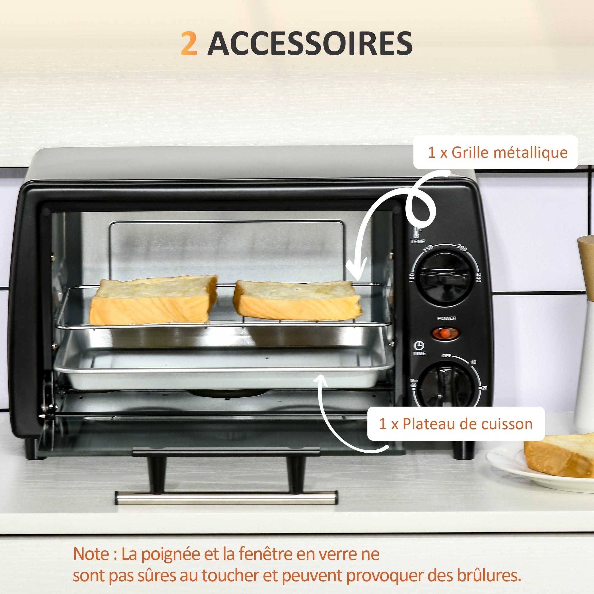 Mini four électrique 10L avec 1 grille et 1 plateau, température réglable de 100°C à 230°C, Minuteur 60 min, 36,5x26x22cm, noir
