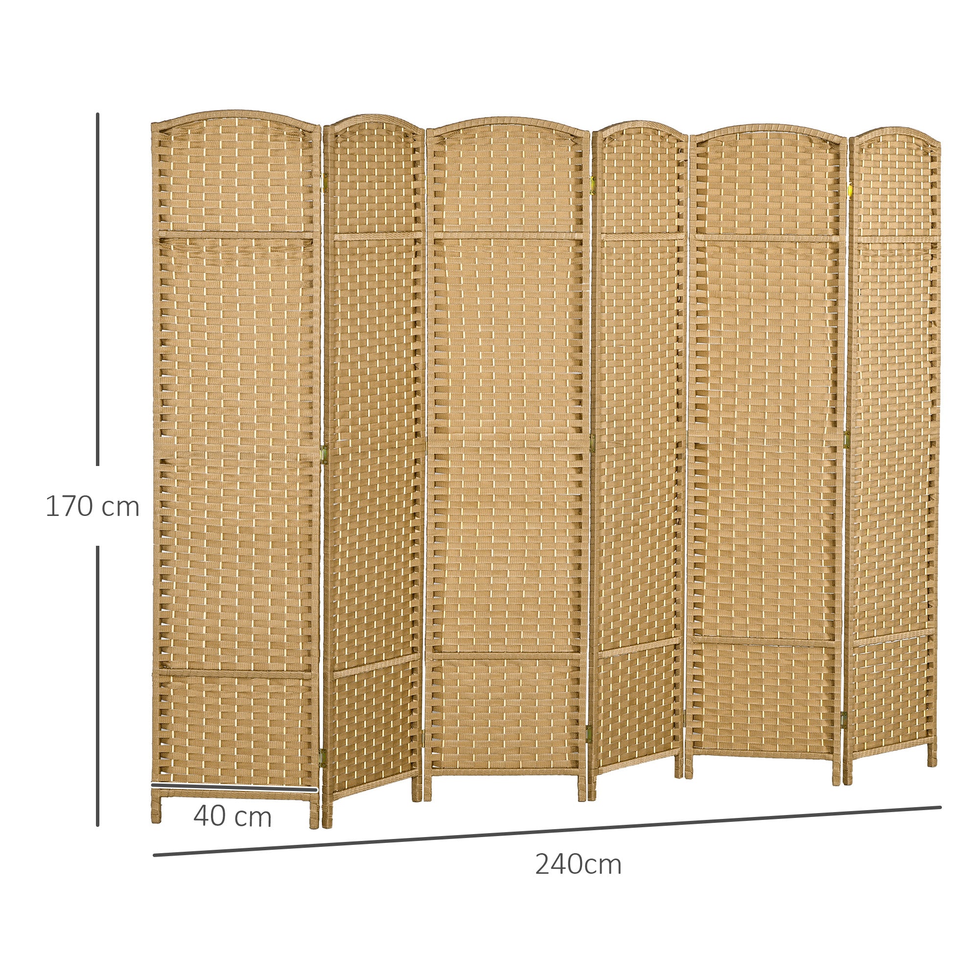 Paravent interieur en bois 6 panneaux 240 x 170 cm séparateur de pièce pliable avec finition tissée, closion de séparation pour salon, chambre à coucher, maison, bois naturel