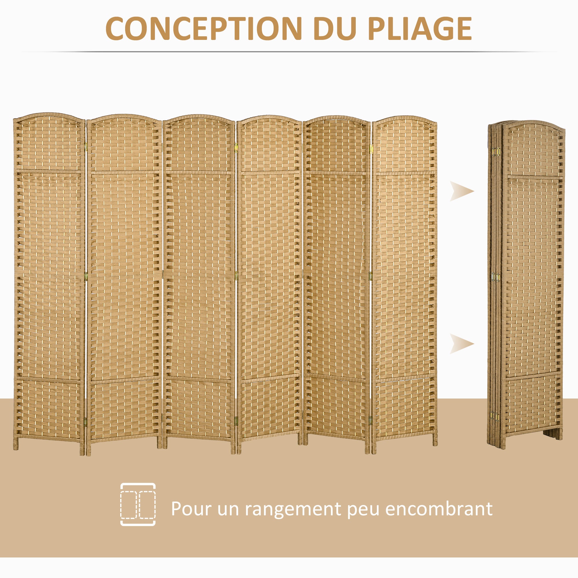 Paravent interieur en bois 6 panneaux 240 x 170 cm séparateur de pièce pliable avec finition tissée, closion de séparation pour salon, chambre à coucher, maison, bois naturel