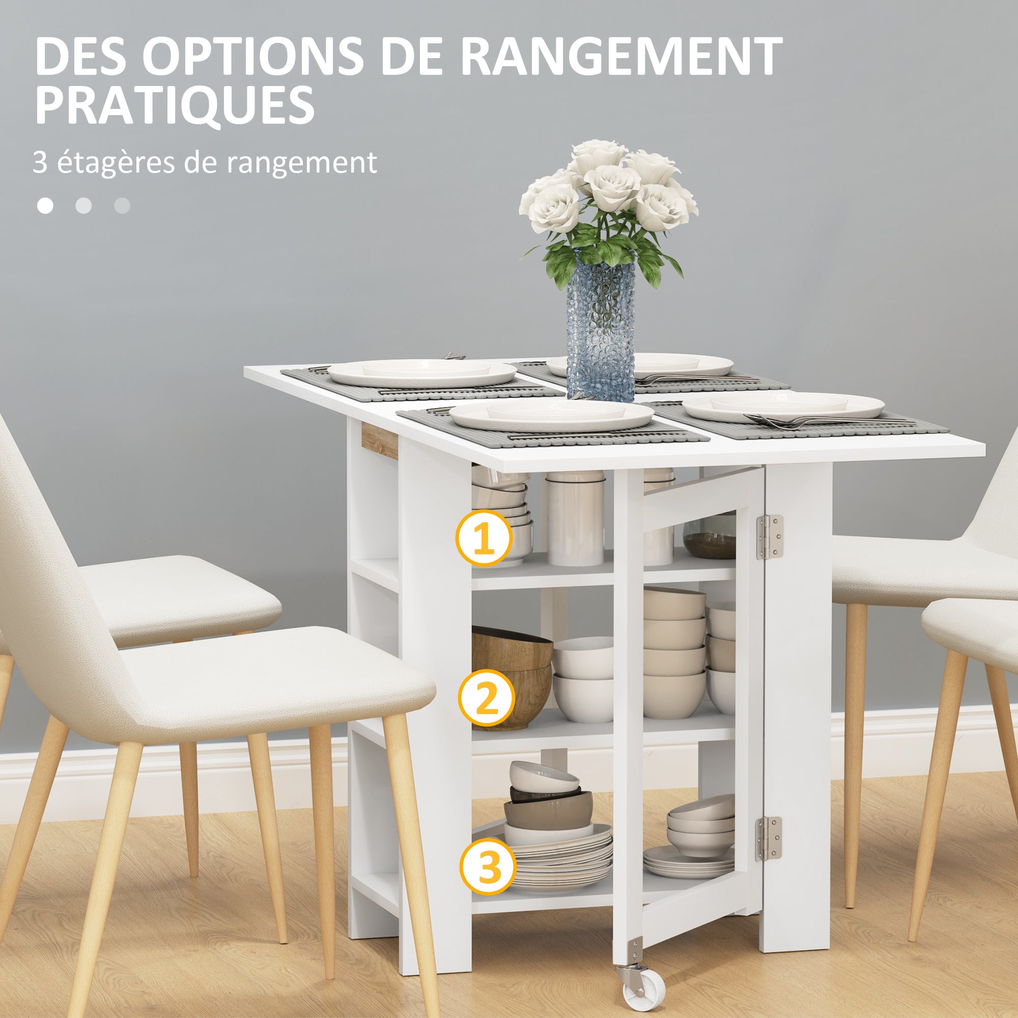 Table à manger pliable, table pliante cuisine, sur roulettes, avec 2 abattants et 3 étagères, design moderne, table de cuisine pour petits espaces, 120 x 60 x 75 cm, blanc