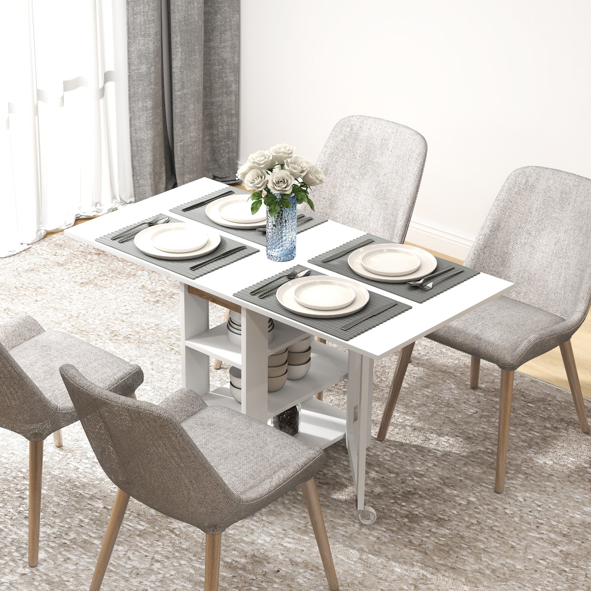 Table à manger pliable, table pliante cuisine, sur roulettes, avec 2 abattants et 3 étagères, design moderne, table de cuisine pour petits espaces, 120 x 60 x 75 cm, blanc