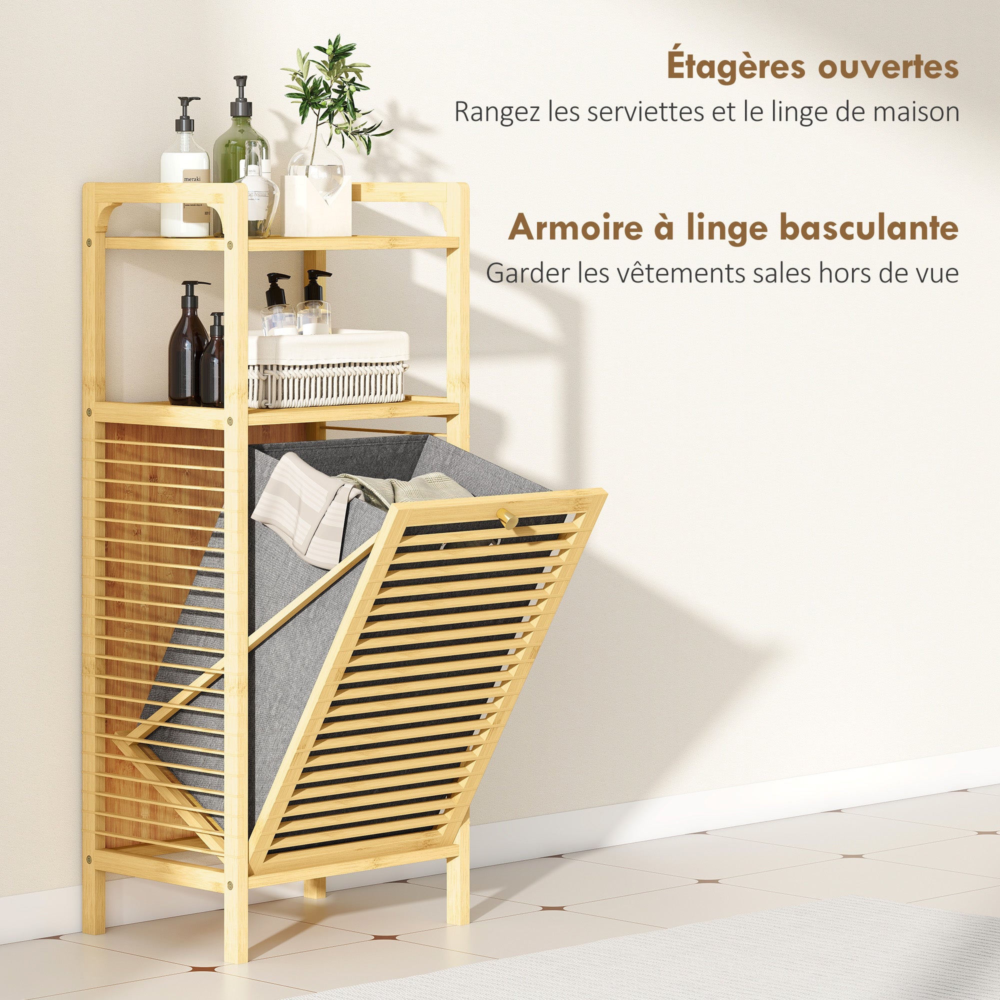 Meuble de rangement à linge en bambou, meuble de salle de bain avec étagère, panier à linge basculant, porte à lattes et sac de rangement amovible, 40 x 30 x 95 cm, effet bois naturel