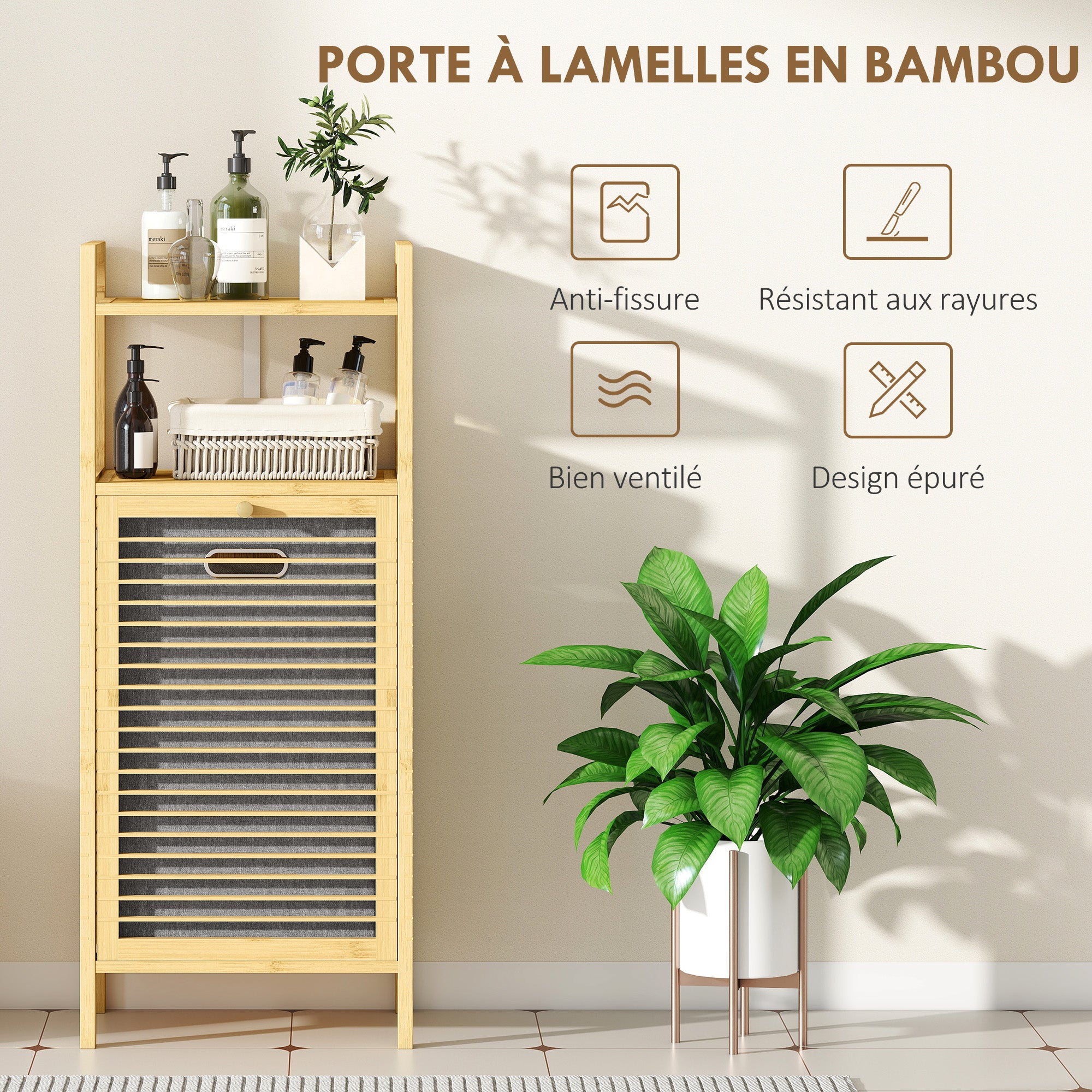 Meuble de rangement à linge en bambou, meuble de salle de bain avec étagère, panier à linge basculant, porte à lattes et sac de rangement amovible, 40 x 30 x 95 cm, effet bois naturel