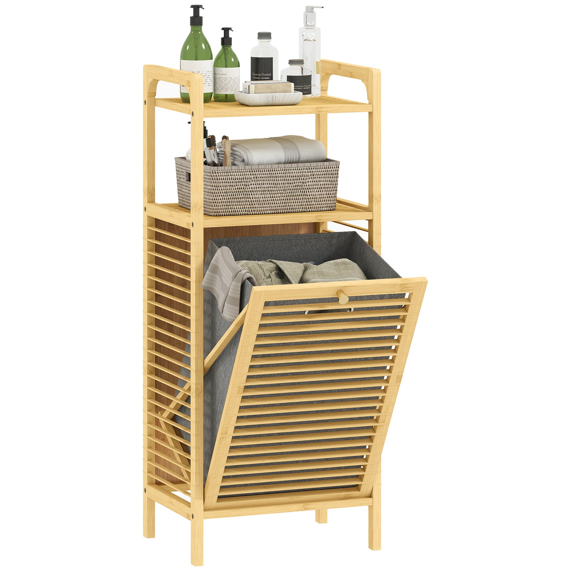 Meuble de rangement à linge en bambou, meuble de salle de bain avec étagère, panier à linge basculant, porte à lattes et sac de rangement amovible, 40 x 30 x 95 cm, effet bois naturel